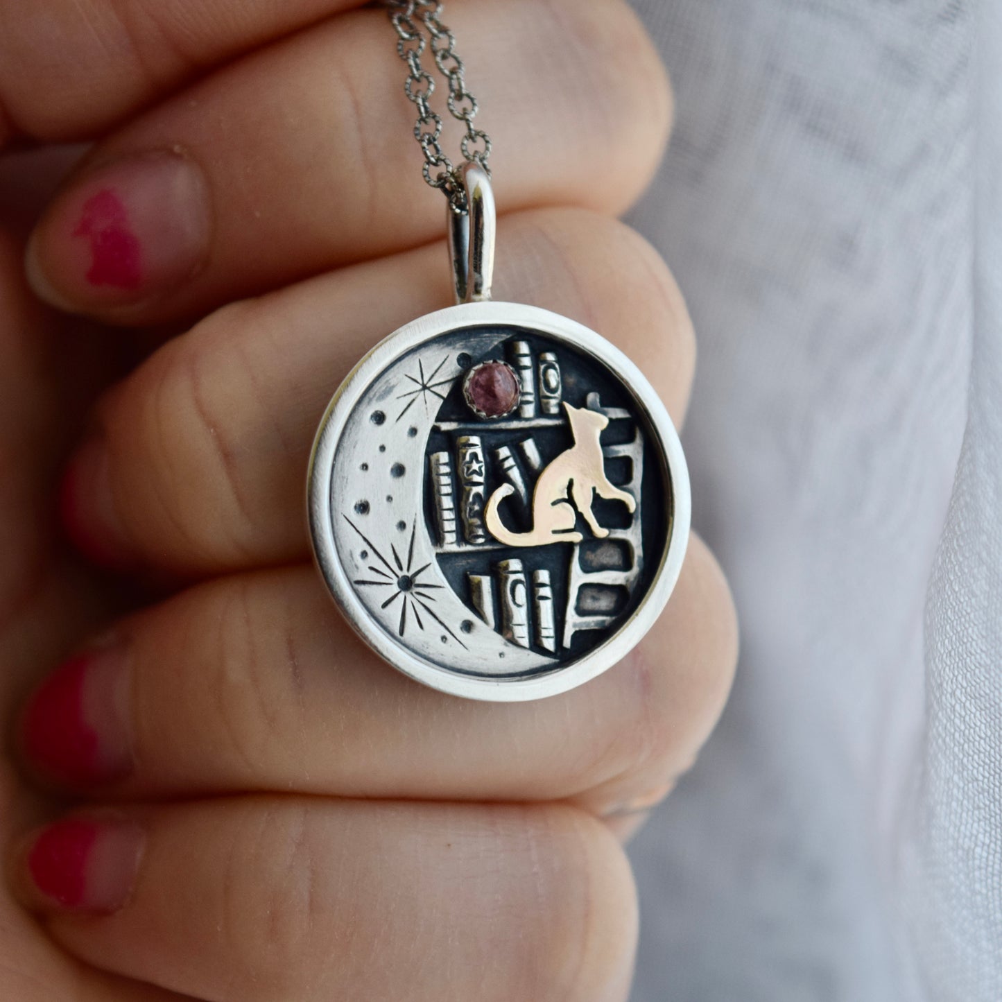 Lunar Library Necklace with Pink Tourmaline and Gold Fill