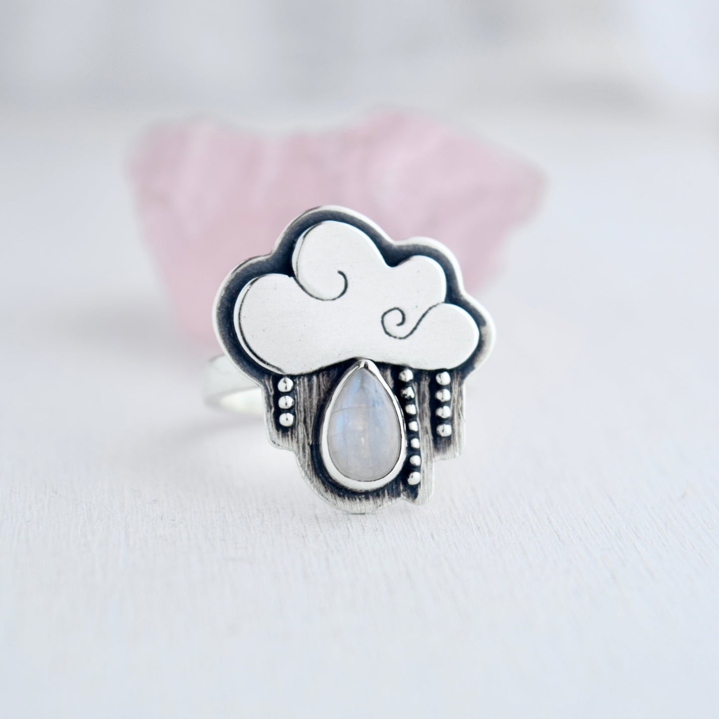 Little Dark Cloud Ring with Rainbow Moonstone Size 9