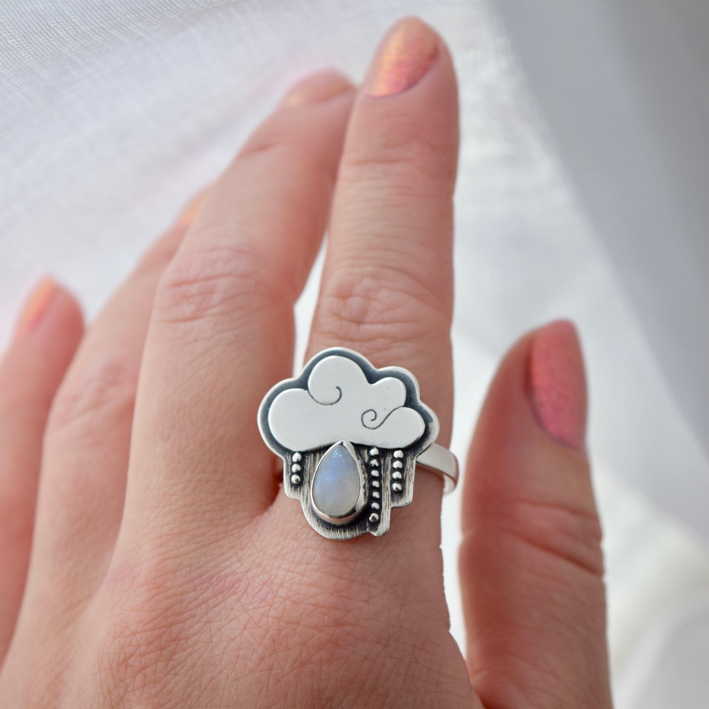 Little Dark Cloud Ring with Rainbow Moonstone Size 9