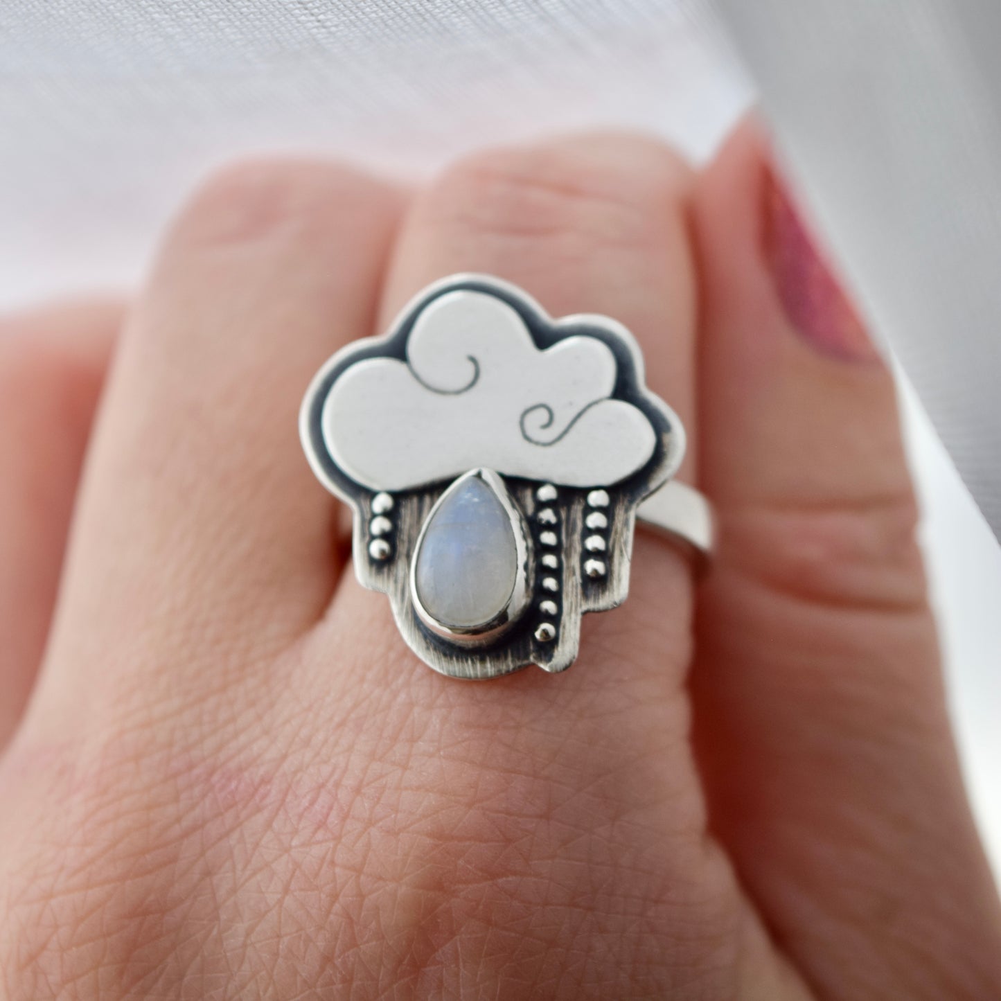 Little Dark Cloud Ring with Rainbow Moonstone Size 9