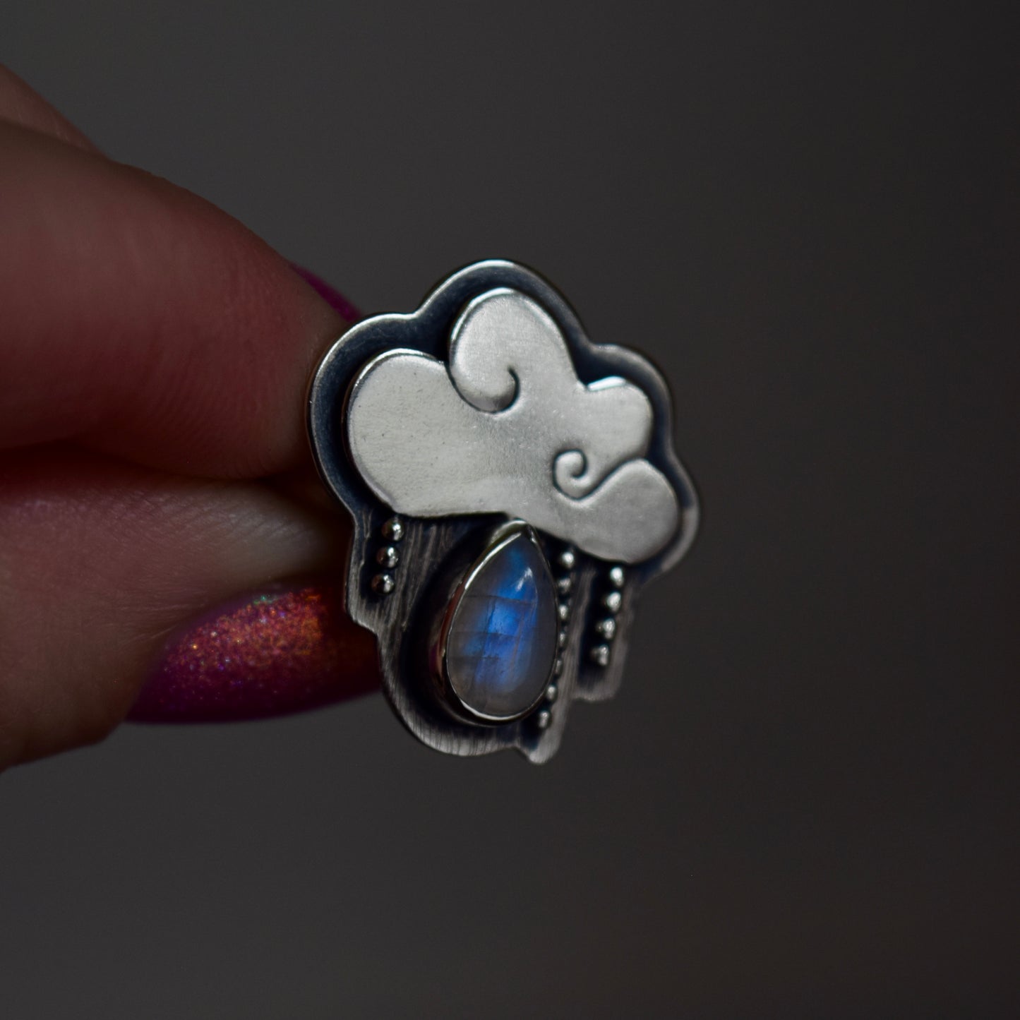 Little Dark Cloud Ring with Rainbow Moonstone Size 9
