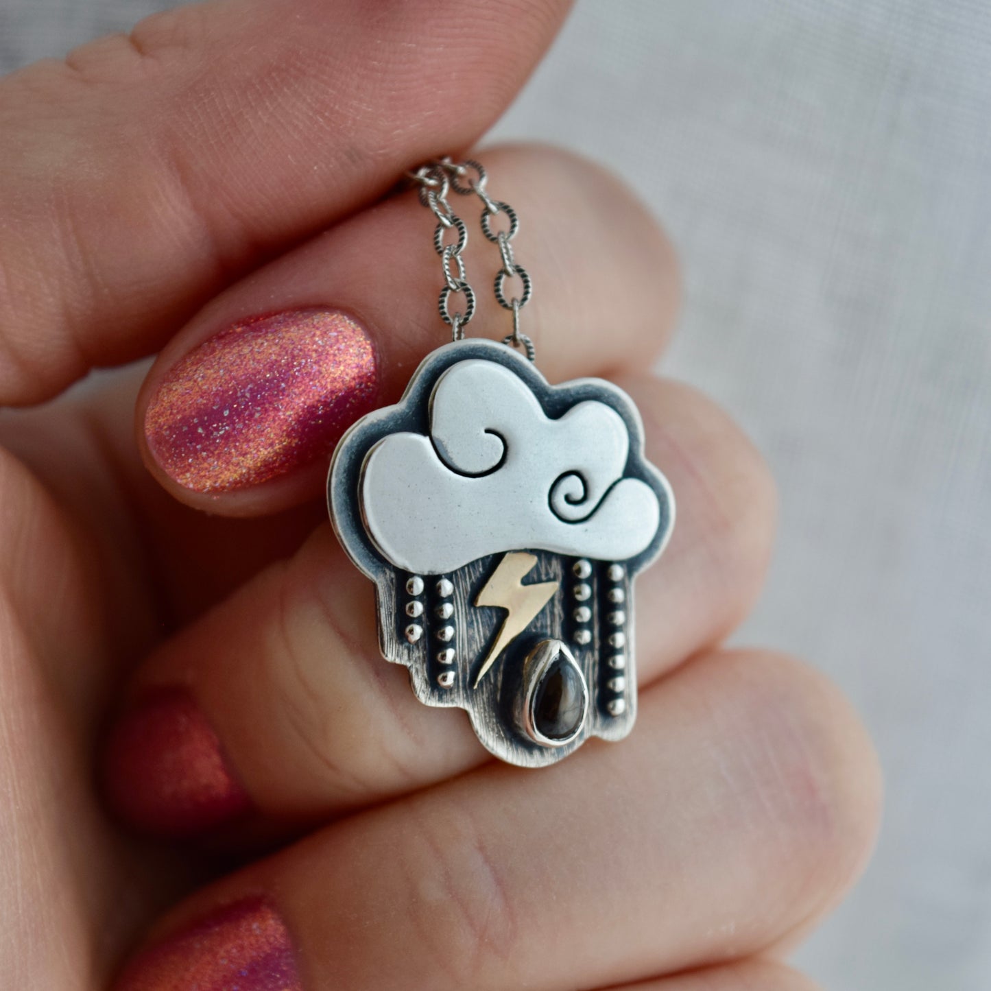 Stormy Little Dark Cloud Necklace with Black Star Sapphire and Gold Fill