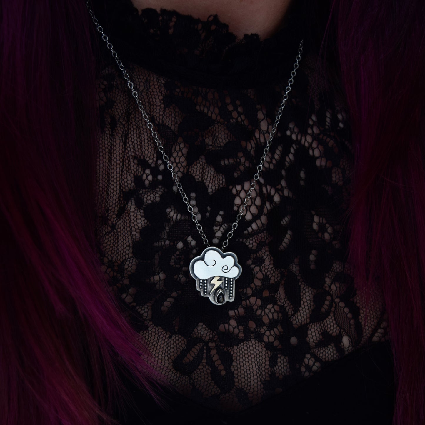 Stormy Little Dark Cloud Necklace with Black Star Sapphire and Gold Fill