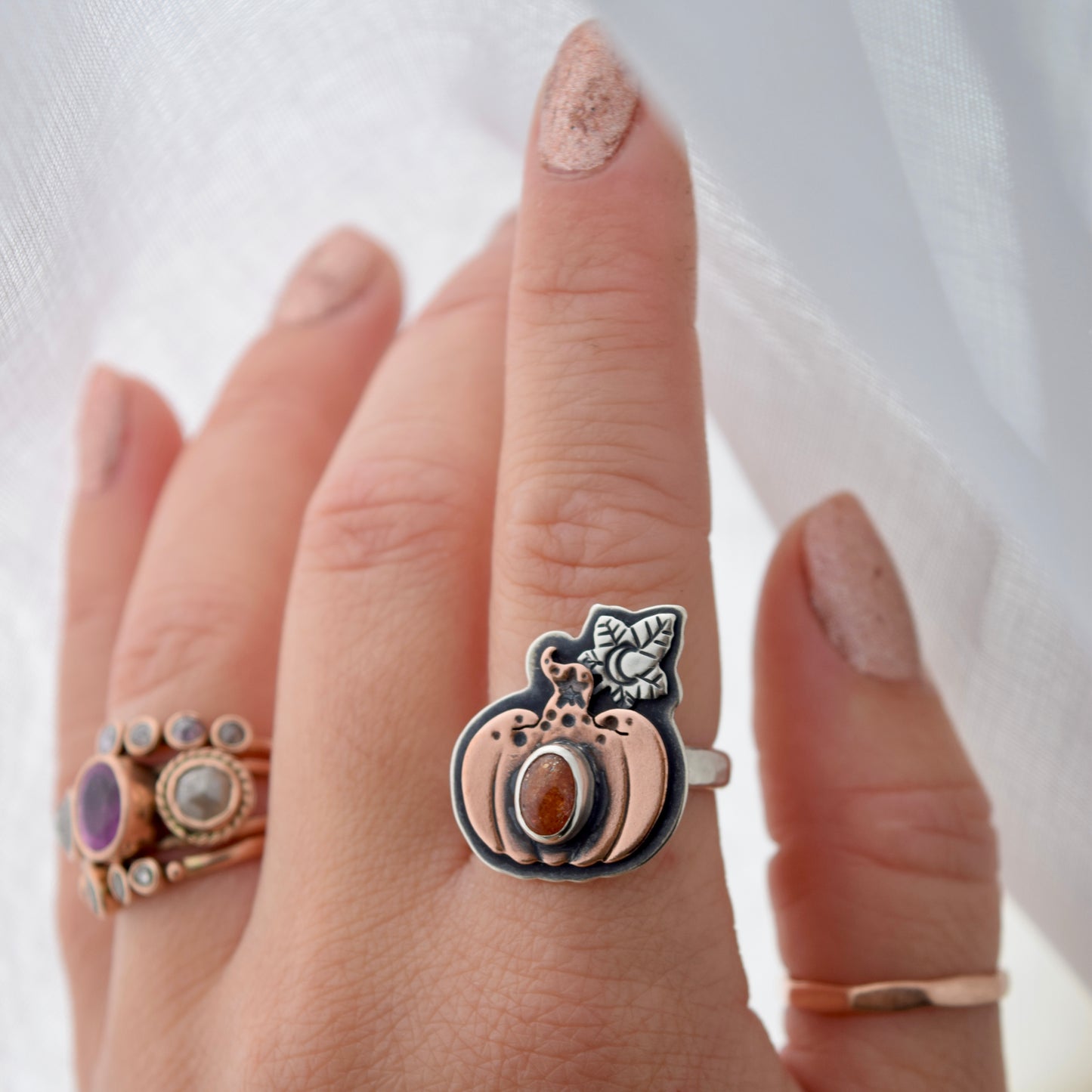 Enchanted Pumpkin ring with Copper and Sunstone size 8