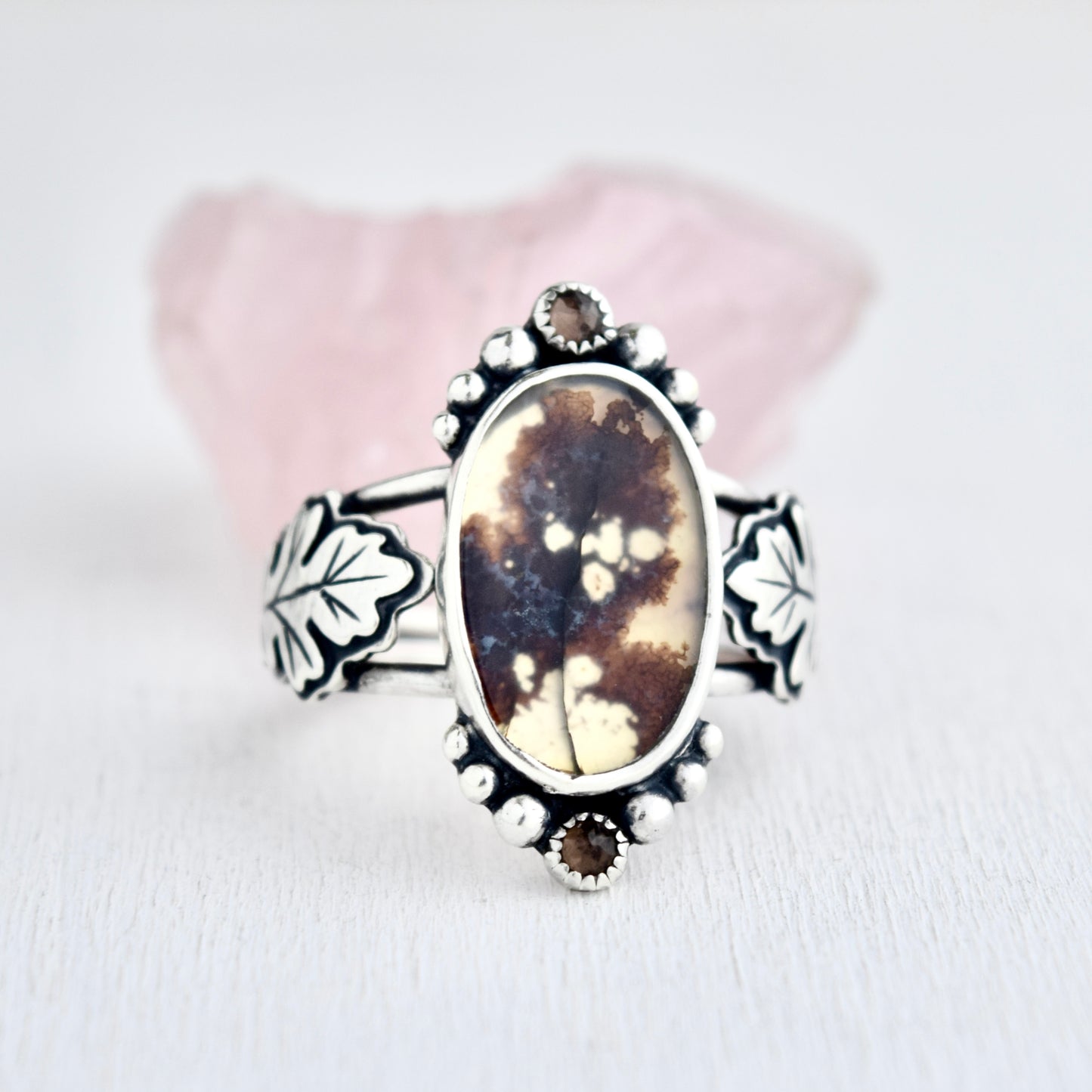 Oak Leaf Ring with rare Scenic Dendritic Agate and Smokey Quartz size 10