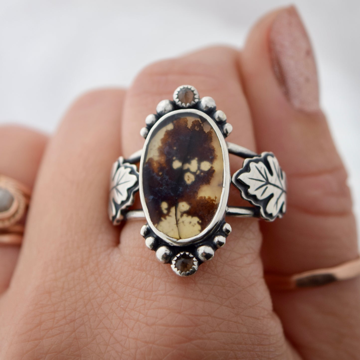 Oak Leaf Ring with rare Scenic Dendritic Agate and Smokey Quartz size 10