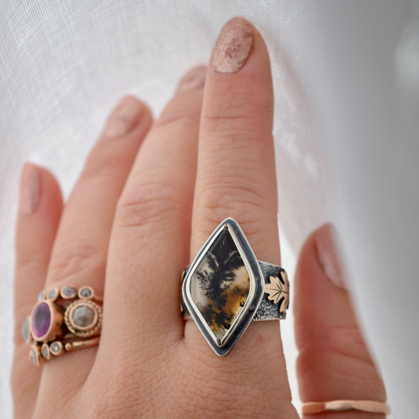 Falling Leaves Ring with Scenic Dendritic Agate and Gold Fill size 8
