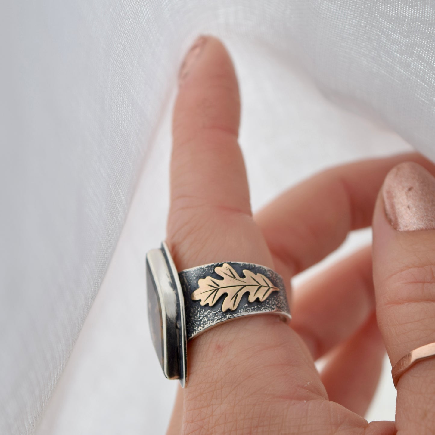 Falling Leaves Ring with Scenic Dendritic Agate and Gold Fill size 8