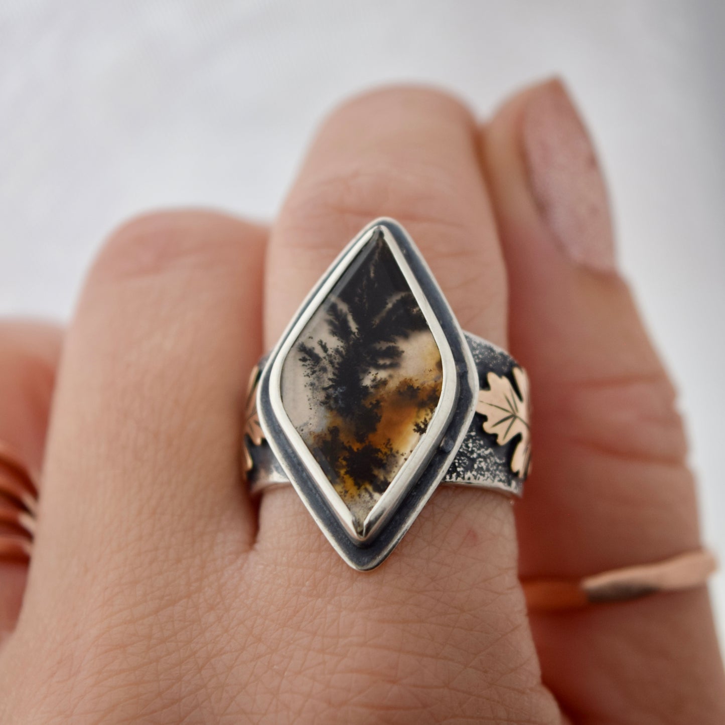 Falling Leaves Ring with Scenic Dendritic Agate and Gold Fill size 8