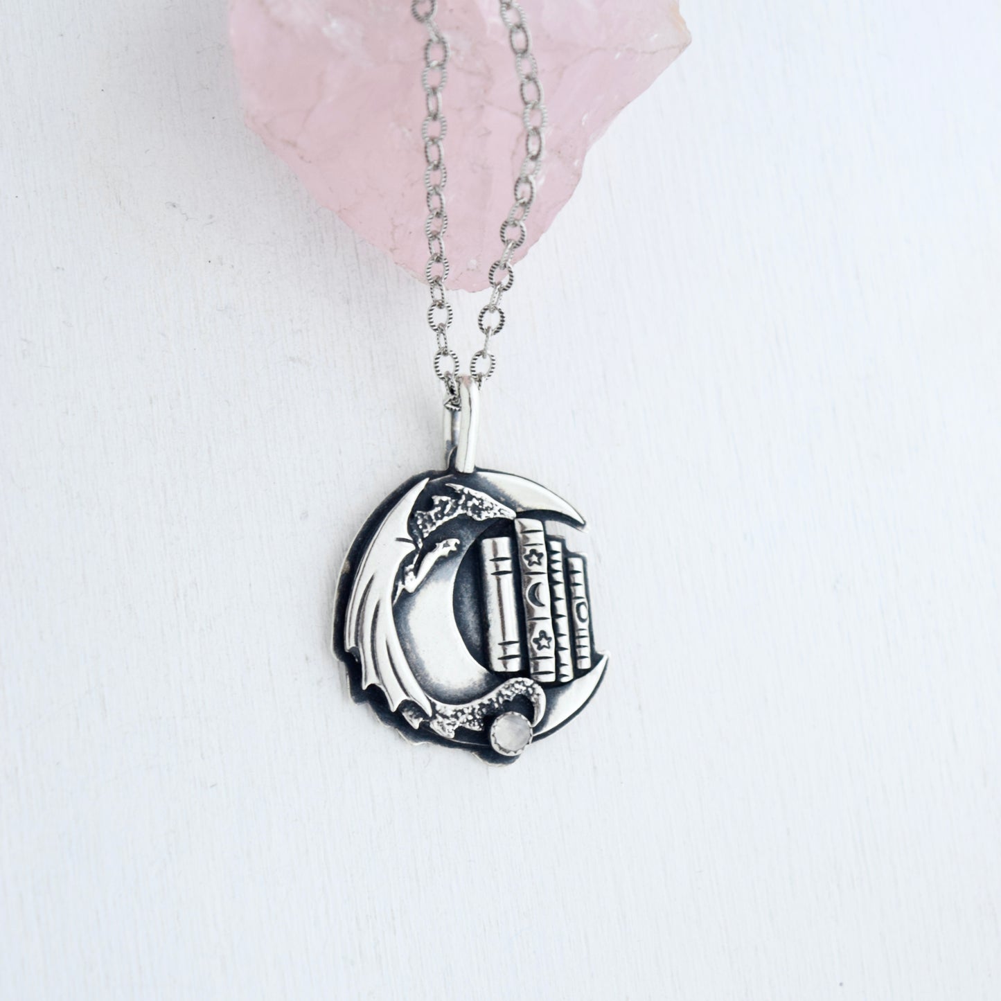 Lunar Bookshelf Necklace with Rainbow Moonstone