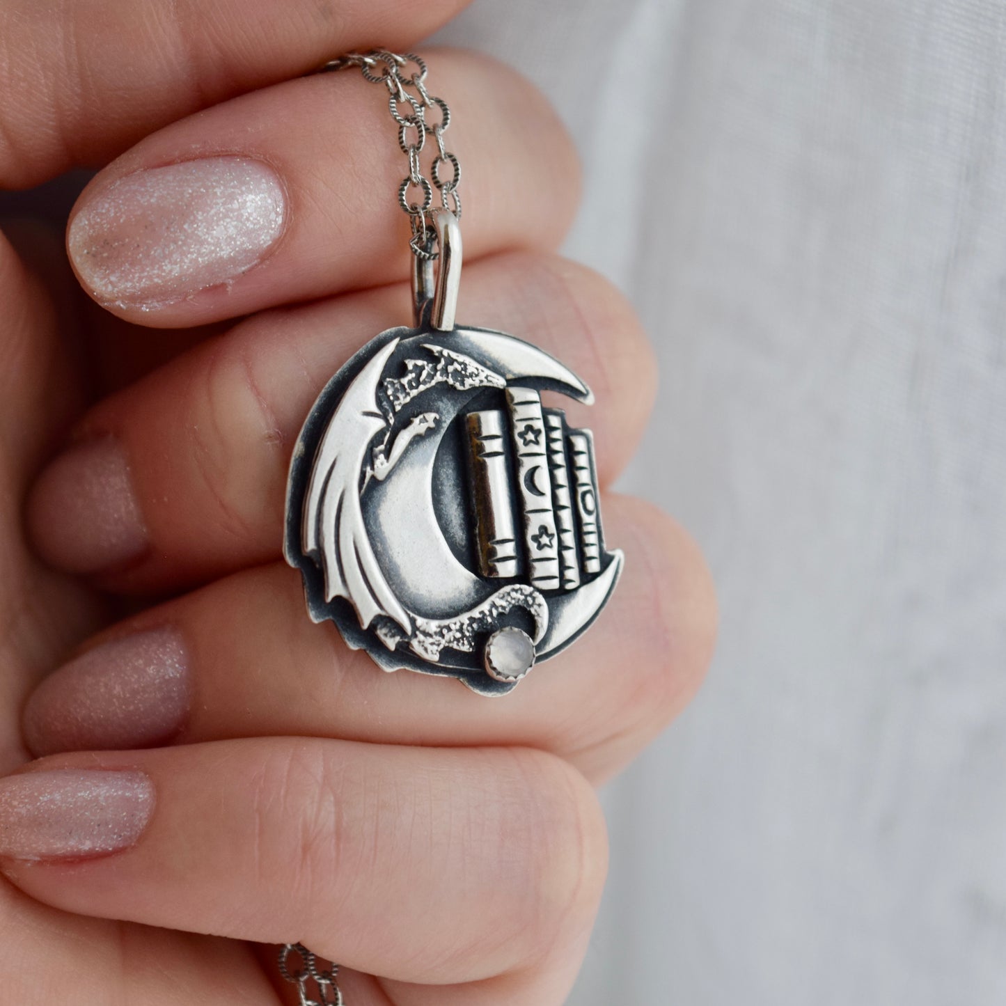 Lunar Bookshelf Necklace with Rainbow Moonstone