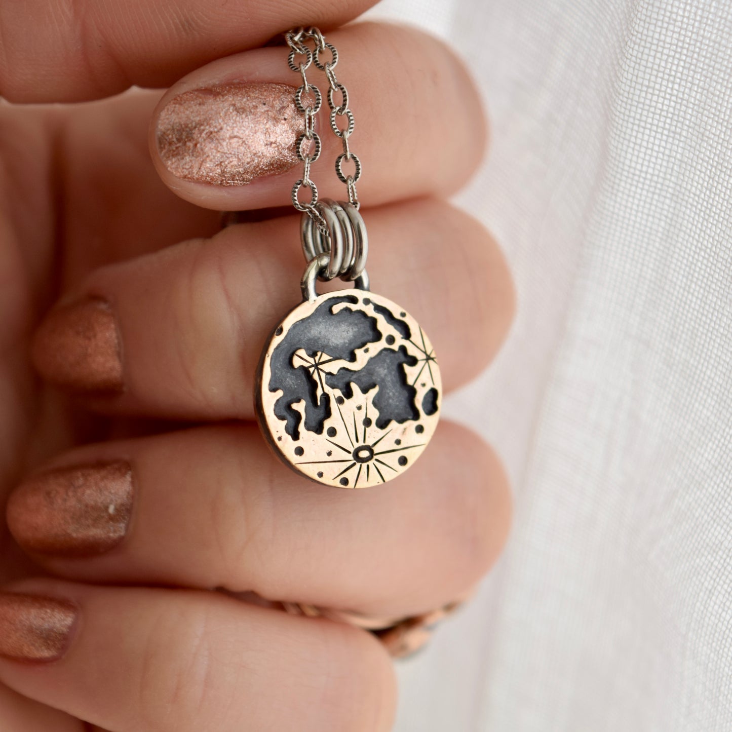 Double Sided Harvest Lunar Necklace with Gold Fill and Copper