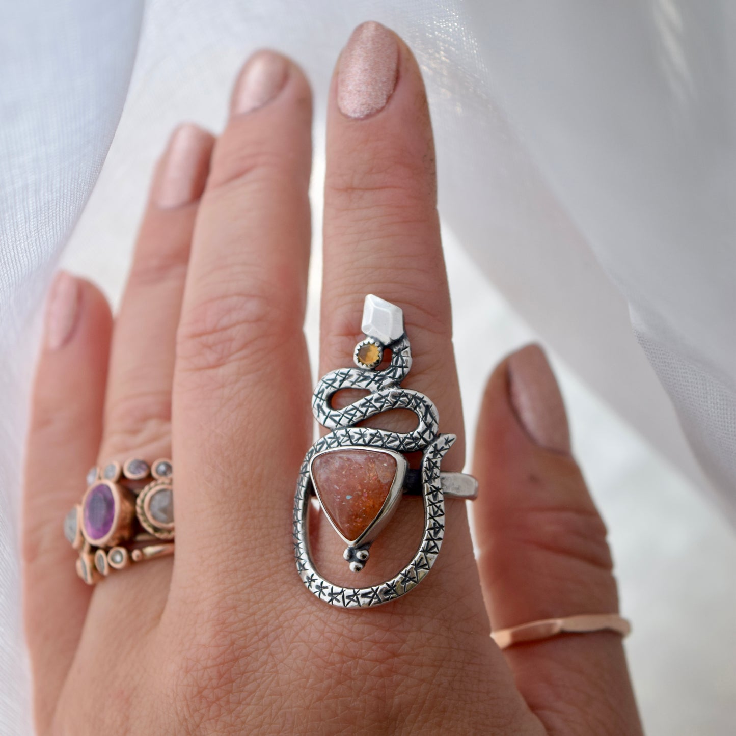 Serpent Ring with Sunstone and Citrine Size 10