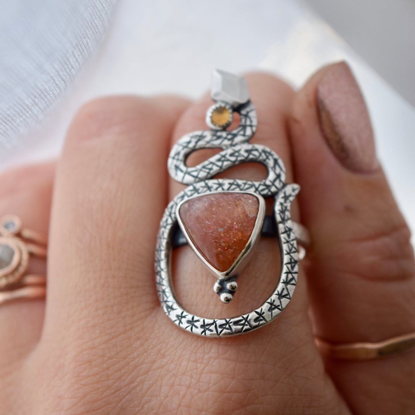 Serpent Ring with Sunstone and Citrine Size 10