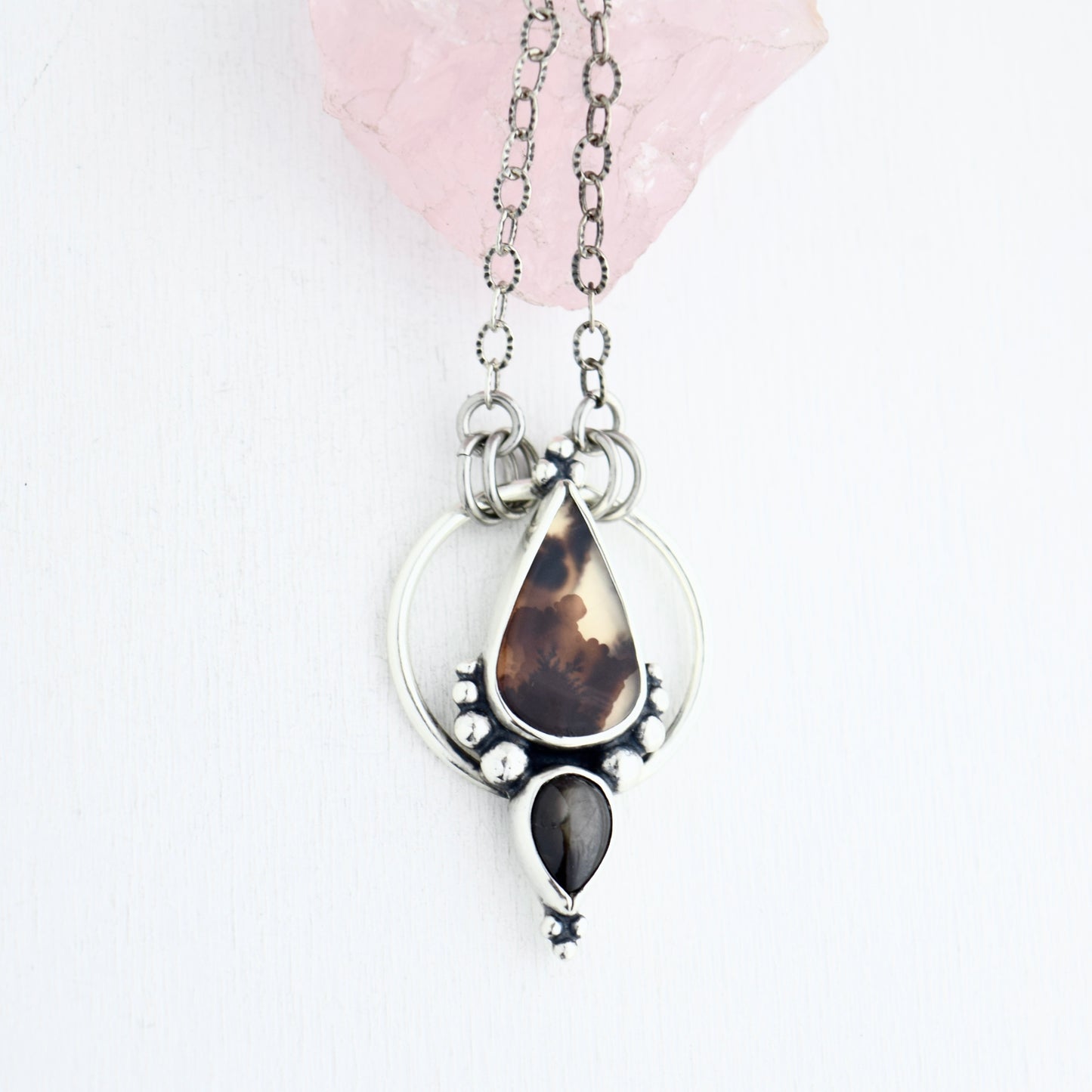 Pendulum Pendant with Scenic Dendritic Agate and Black Star Sapphire