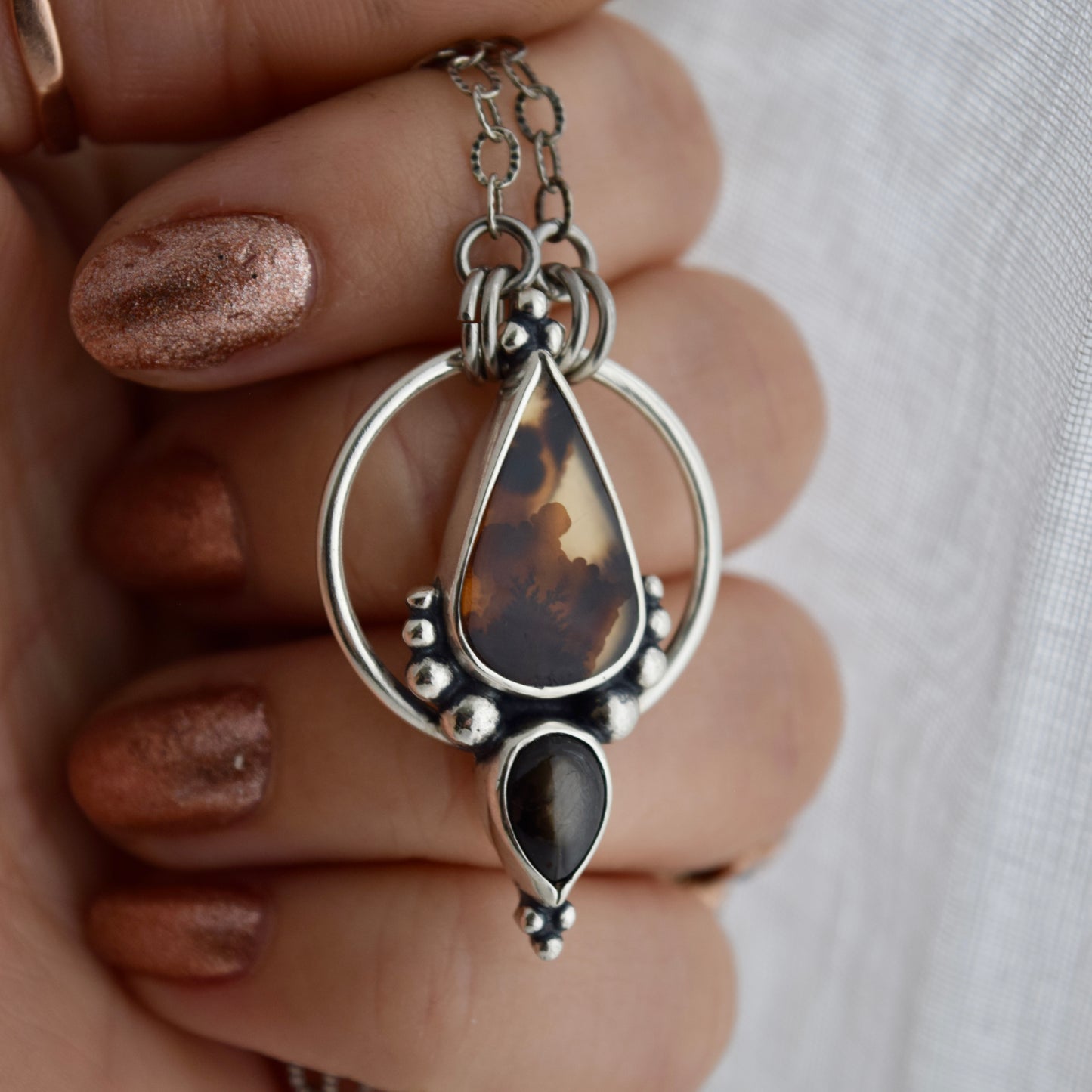 Pendulum Pendant with Scenic Dendritic Agate and Black Star Sapphire