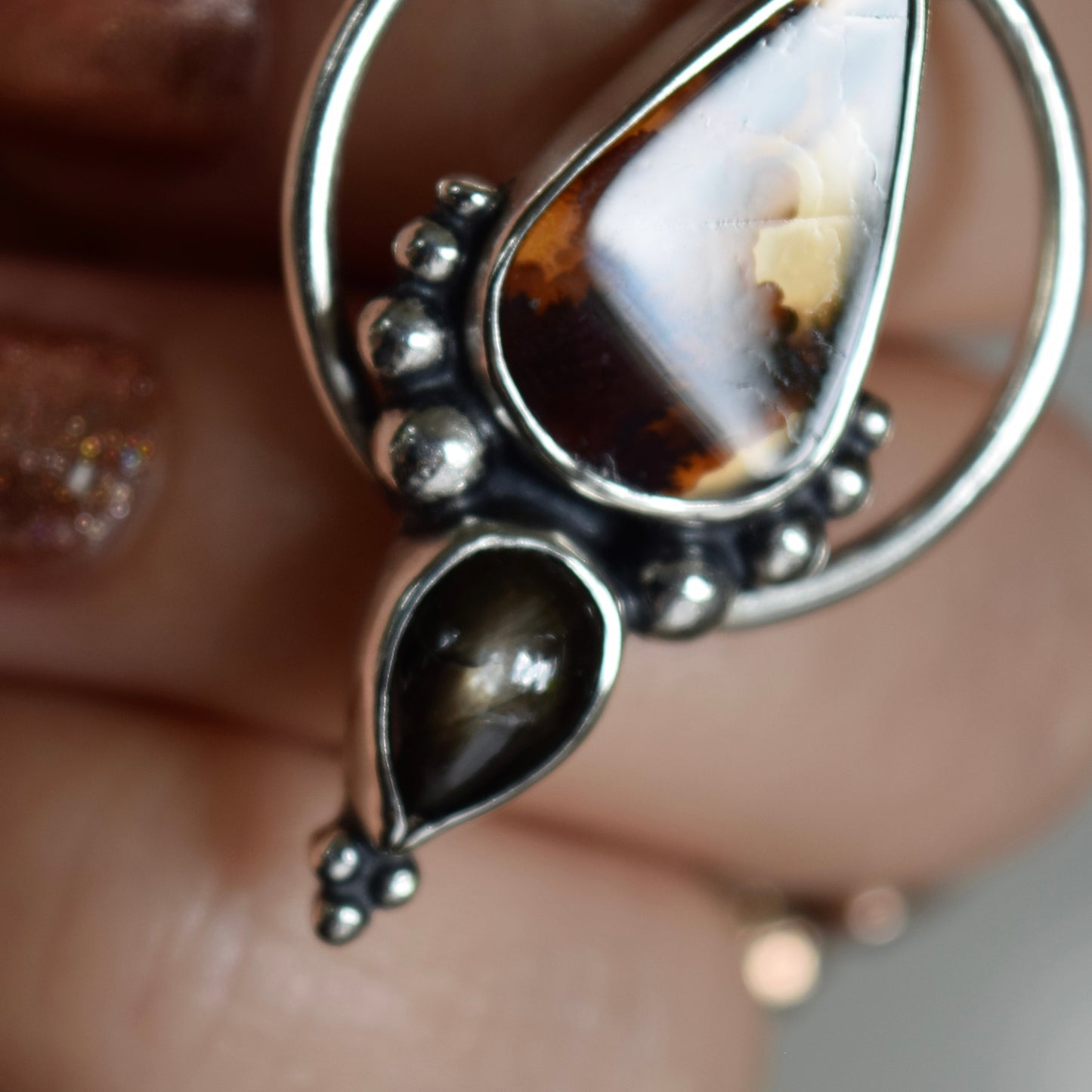 Pendulum Pendant with Scenic Dendritic Agate and Black Star Sapphire