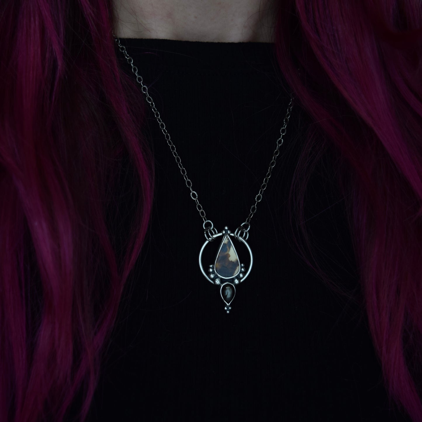 Pendulum Pendant with Scenic Dendritic Agate and Black Star Sapphire