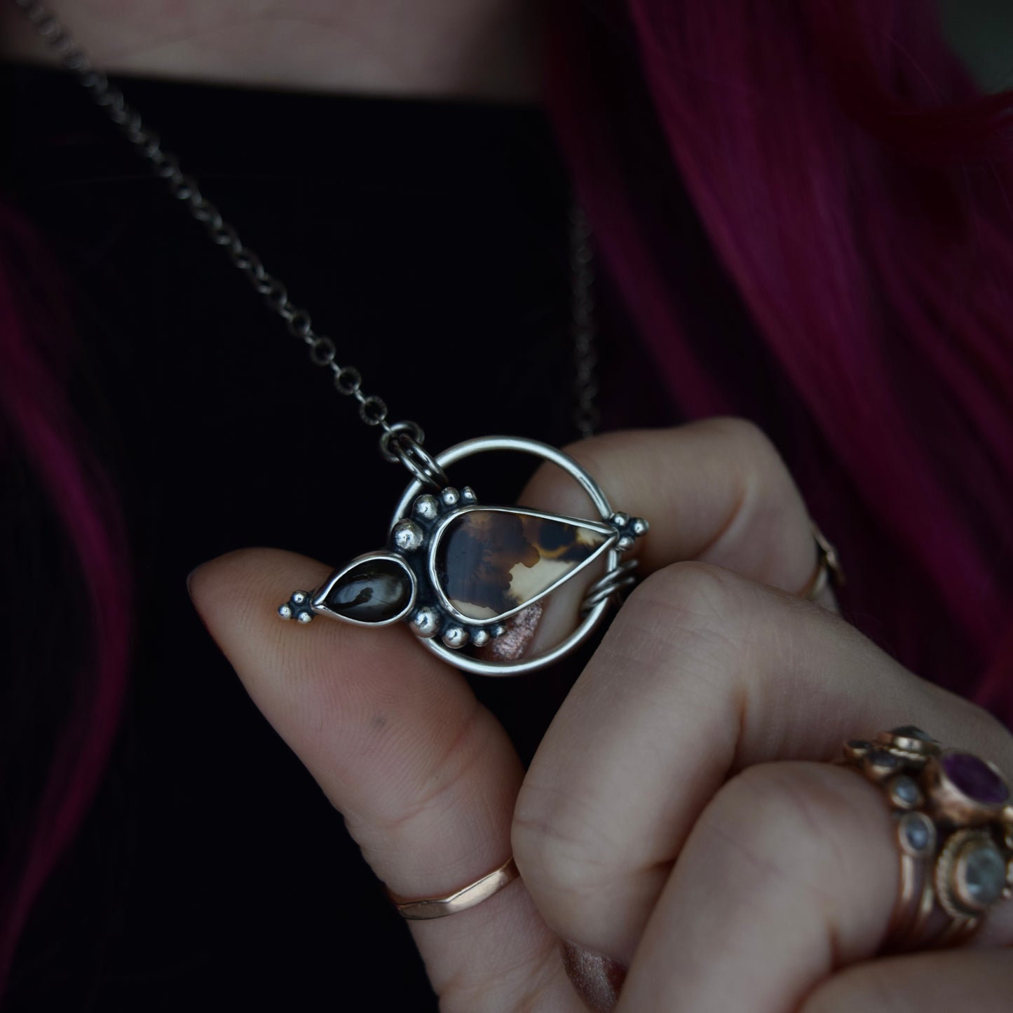 Pendulum Pendant with Scenic Dendritic Agate and Black Star Sapphire