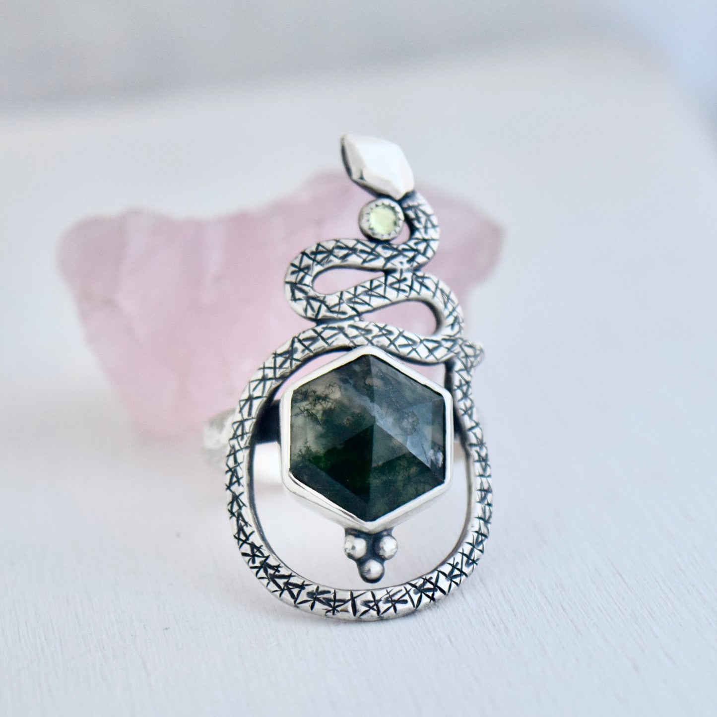 Serpent Ring with Moss Agate and Peridot size 10