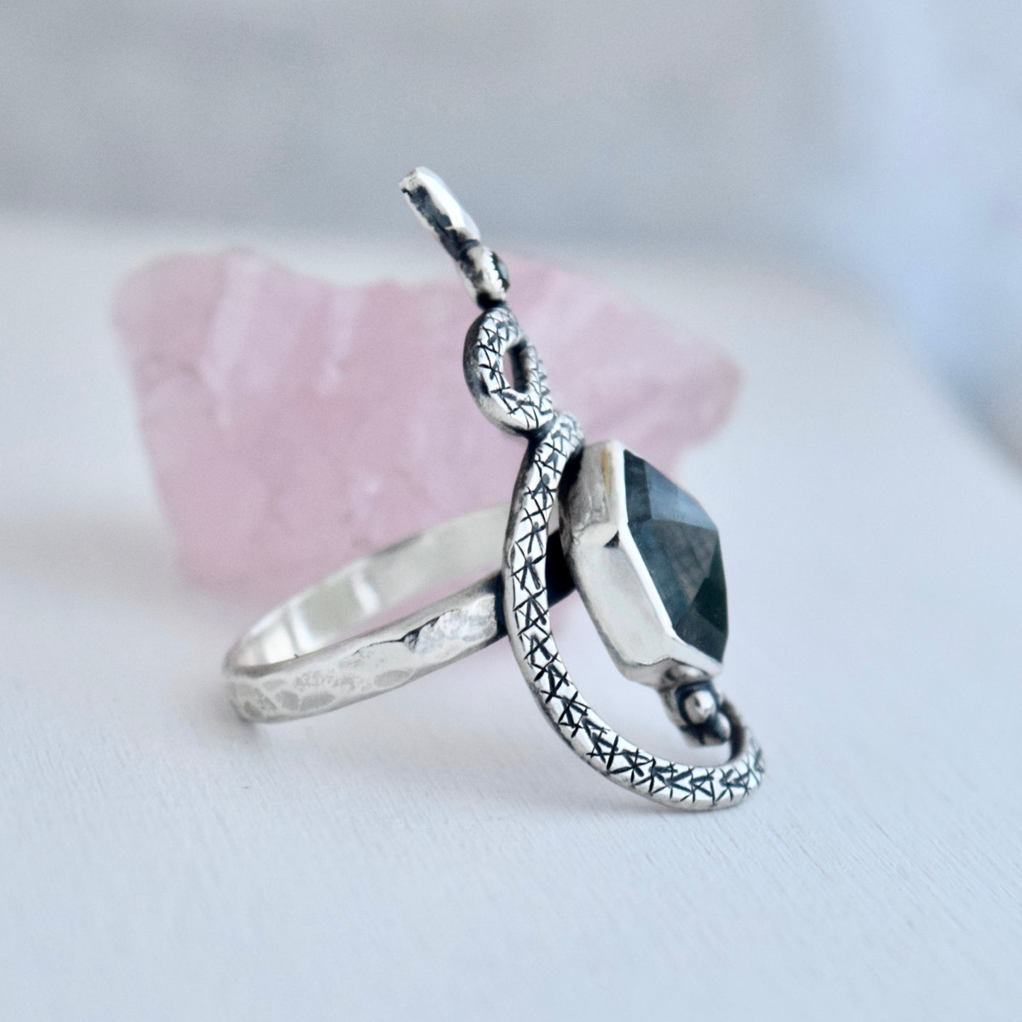 Serpent Ring with Moss Agate and Peridot size 10
