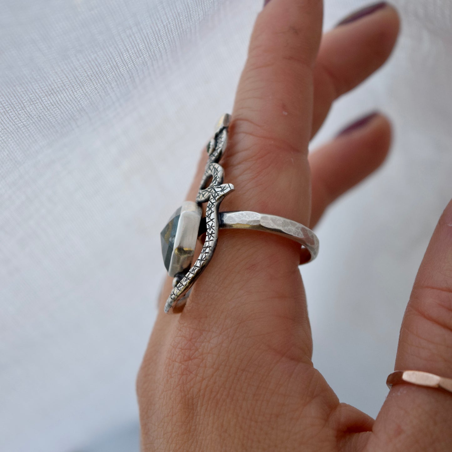 Serpent Ring with Moss Agate and Peridot size 10