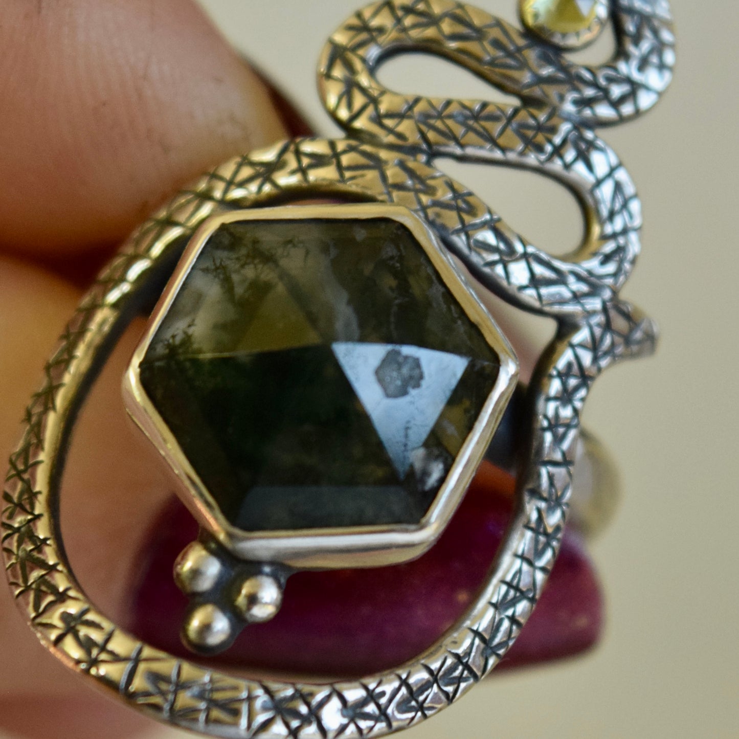 Serpent Ring with Moss Agate and Peridot size 10