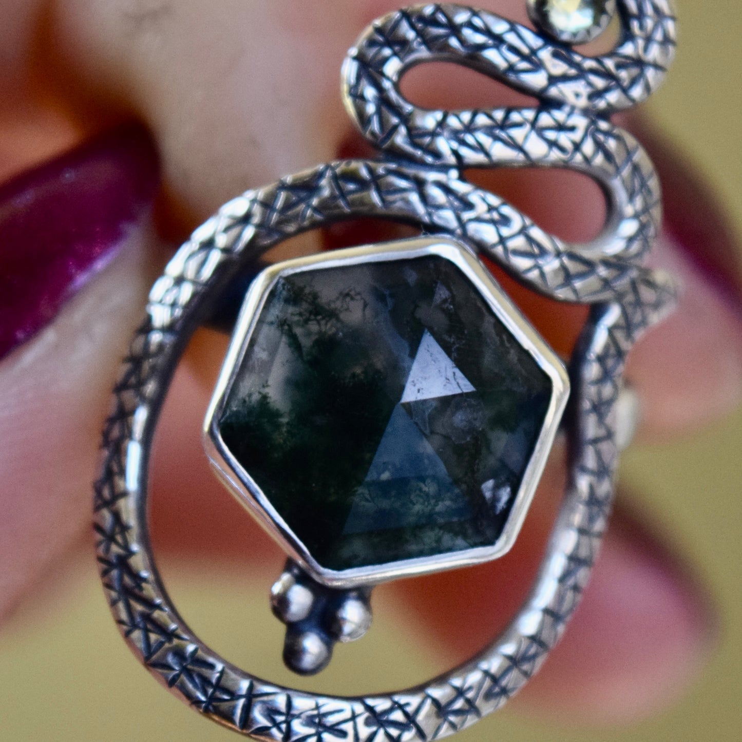Serpent Ring with Moss Agate and Peridot size 10
