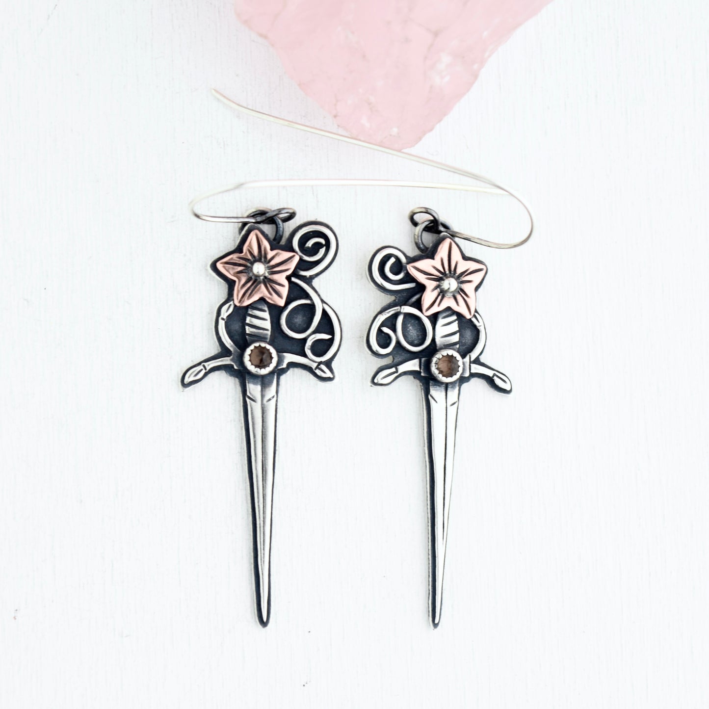 Pumpkin Blossom Sword Earrings with Smokey Quartz