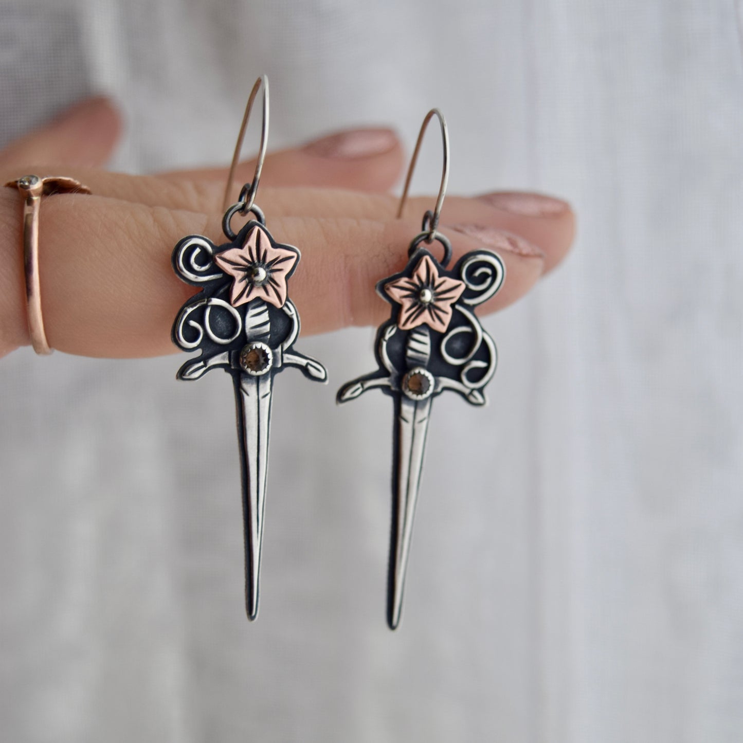 Pumpkin Blossom Sword Earrings with Smokey Quartz