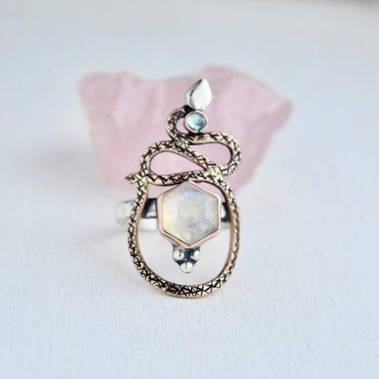 Serpent Ring with Rainbow Moonstone, Tourmaline, 14k Solid Rose Gold, and Gold Fill Size 7