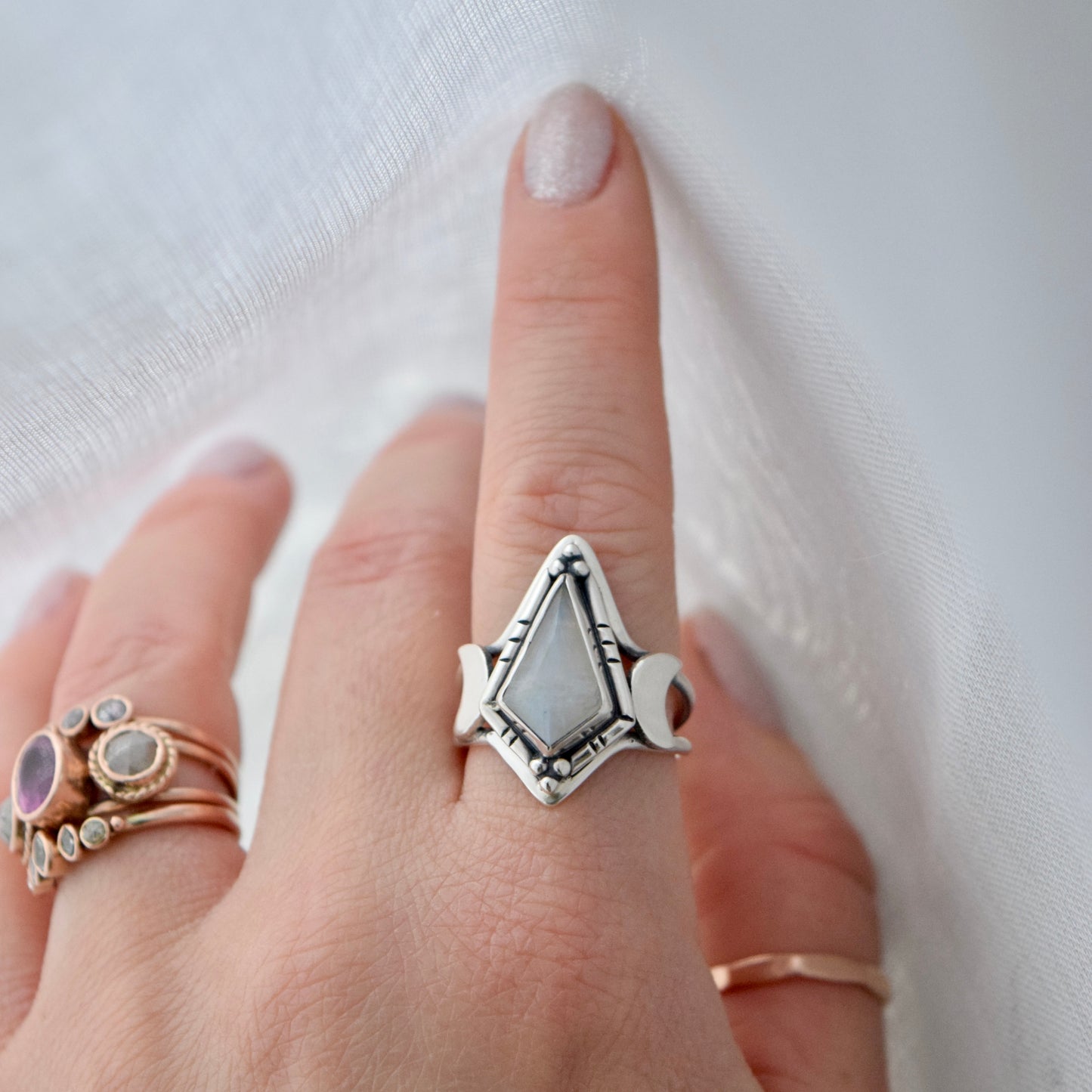 North Star Ring with Rainbow Moonstone Size 7.5