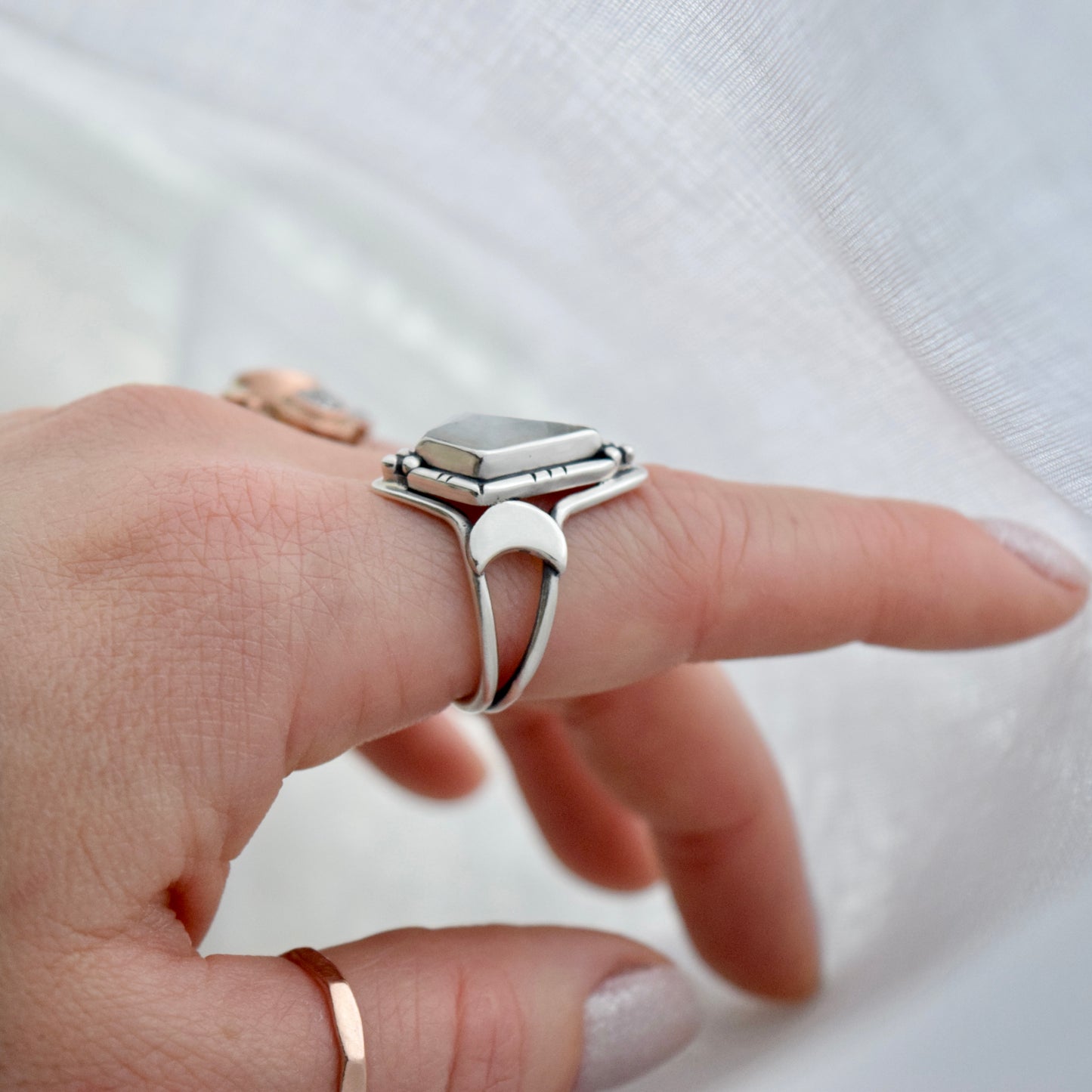 North Star Ring with Rainbow Moonstone Size 7.5