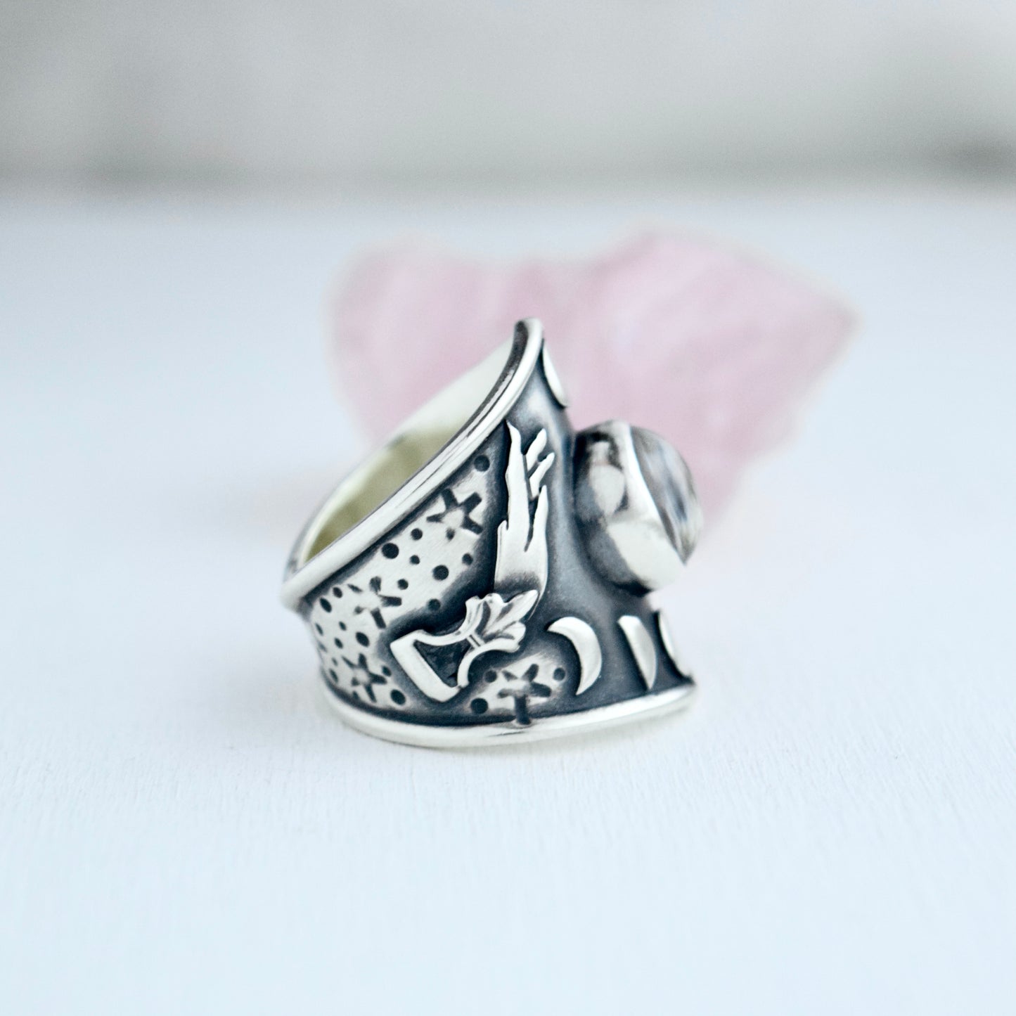 Winter Witch Armor Shield Ring with Clear Quartz size 7/7.25