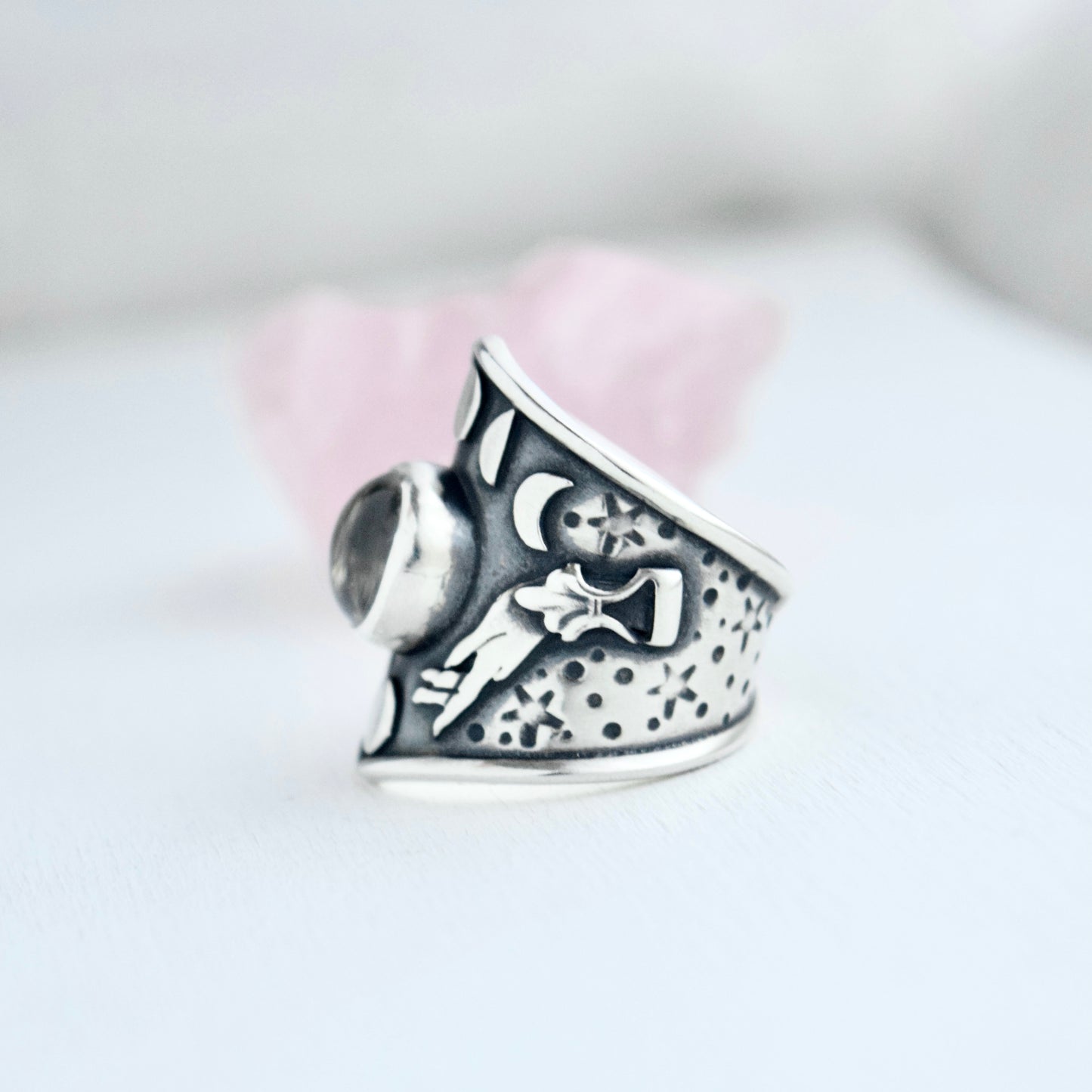 Winter Witch Armor Shield Ring with Clear Quartz size 7/7.25