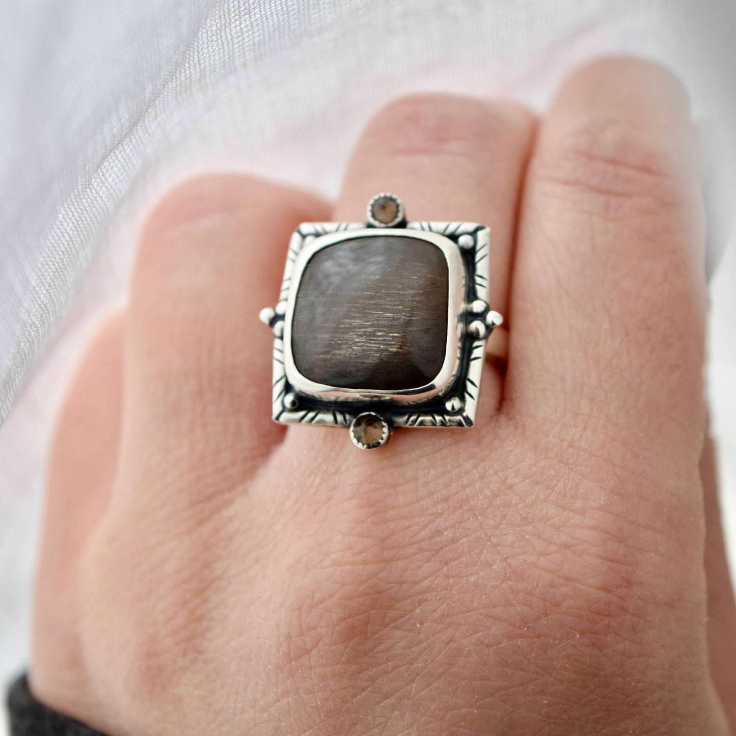 Lattice Sunstone Ring with Smokey Quartz size 8