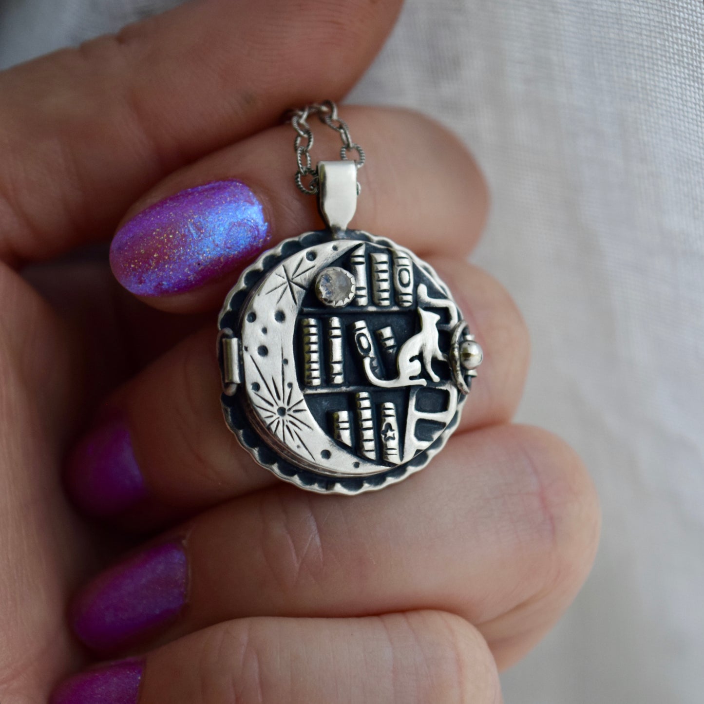 Lunar Library Locket with Rainbow Moonstone and 14k Solid Rose Gold