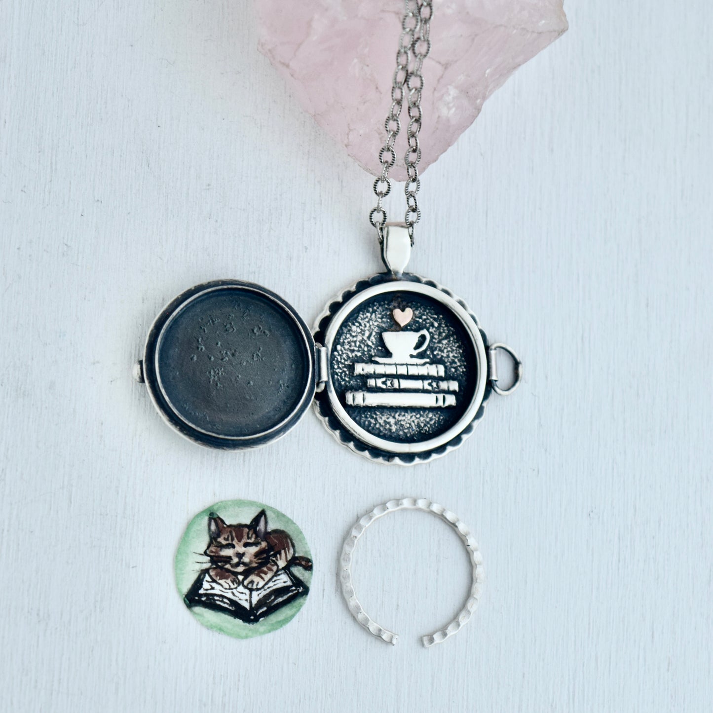 Lunar Library Locket with Rainbow Moonstone and 14k Solid Rose Gold