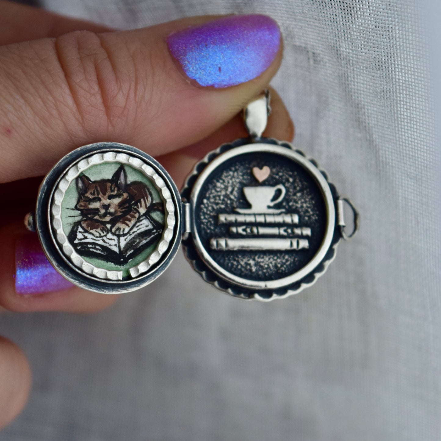 Lunar Library Locket with Rainbow Moonstone and 14k Solid Rose Gold