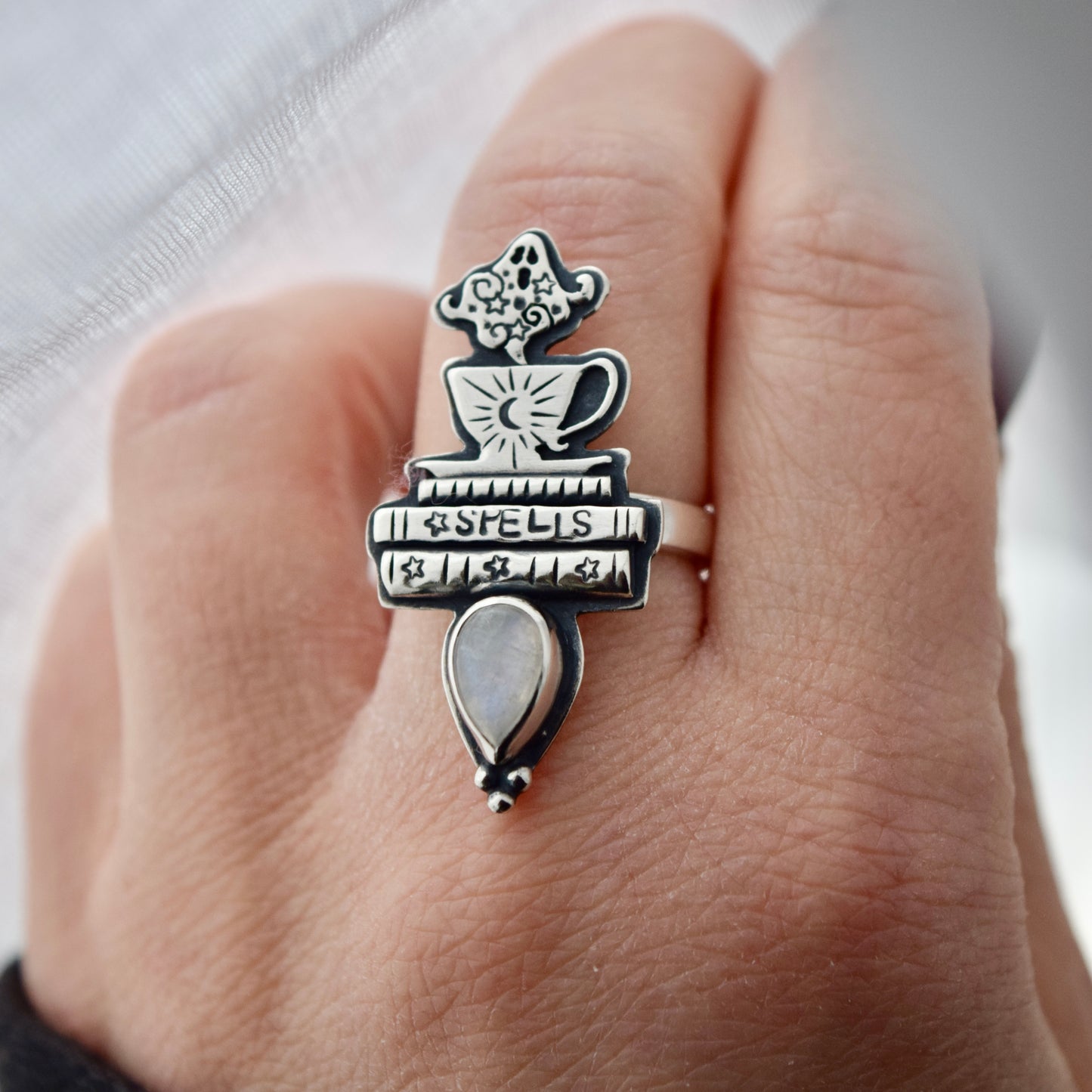 Ghostly Cafe Ring with Rainbow Moonstone Size 7