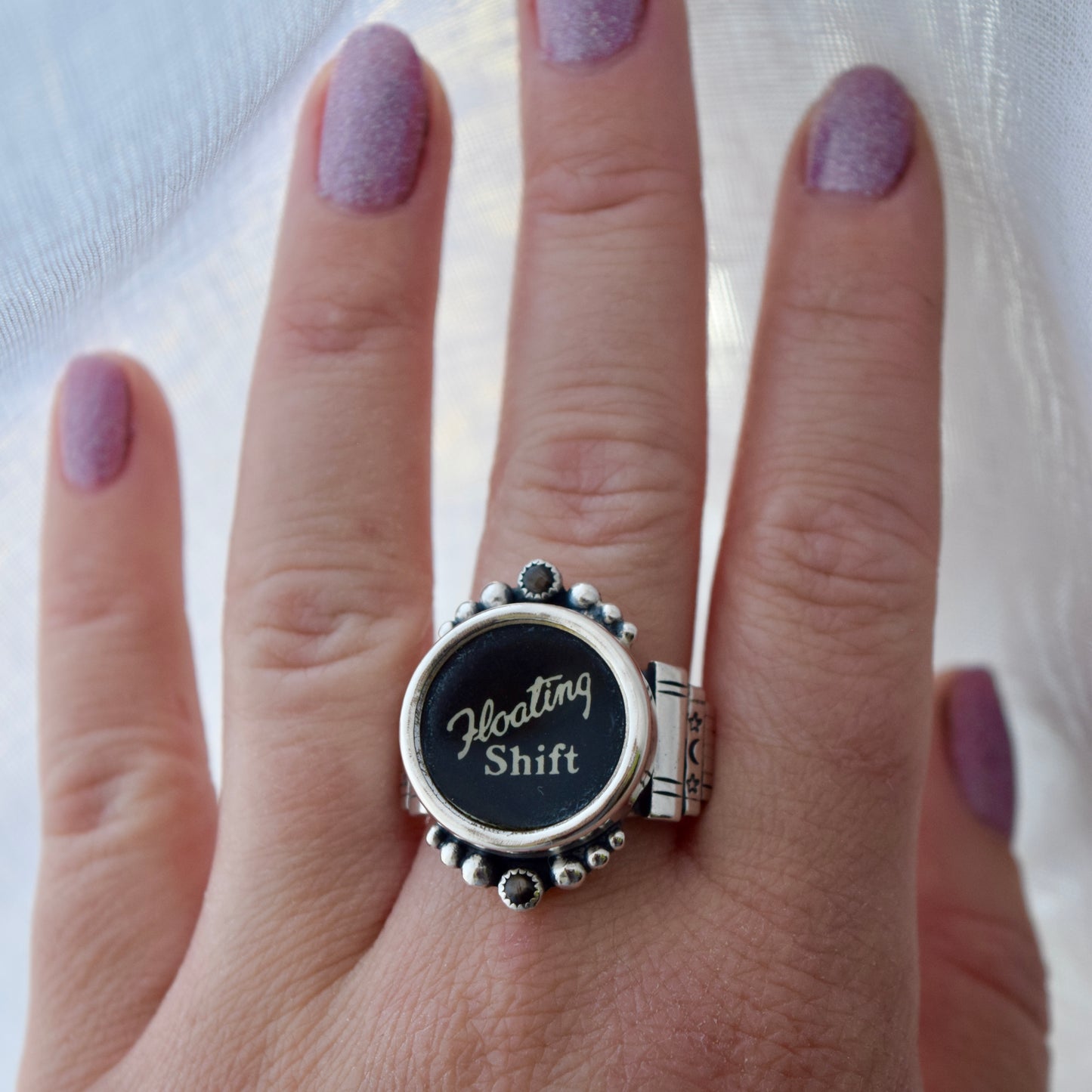 Vintage Typewriter Key Ring with Black Star Sapphire Size 9