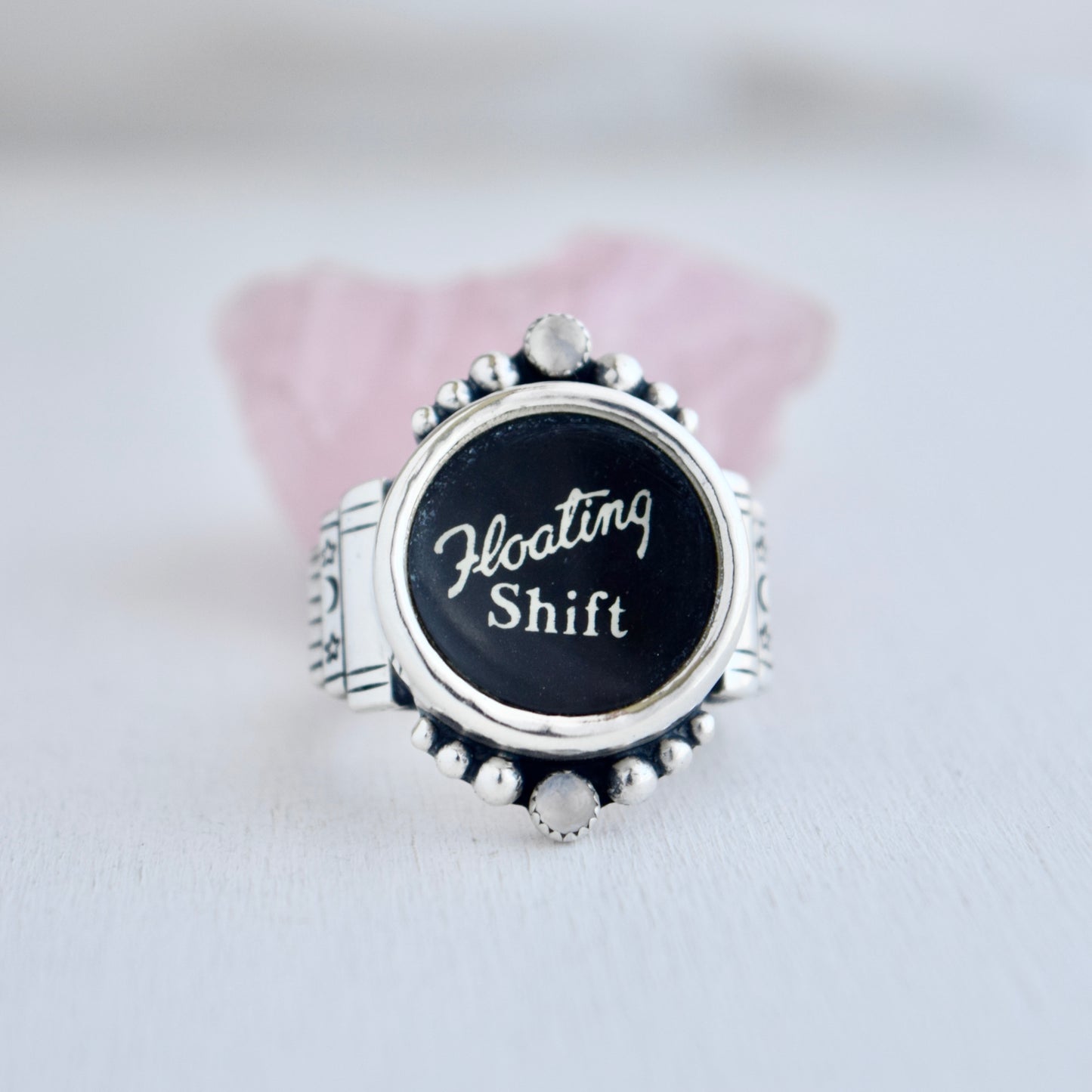 Vintage Typewriter Key Ring with Rainbow Moonstone Size 10