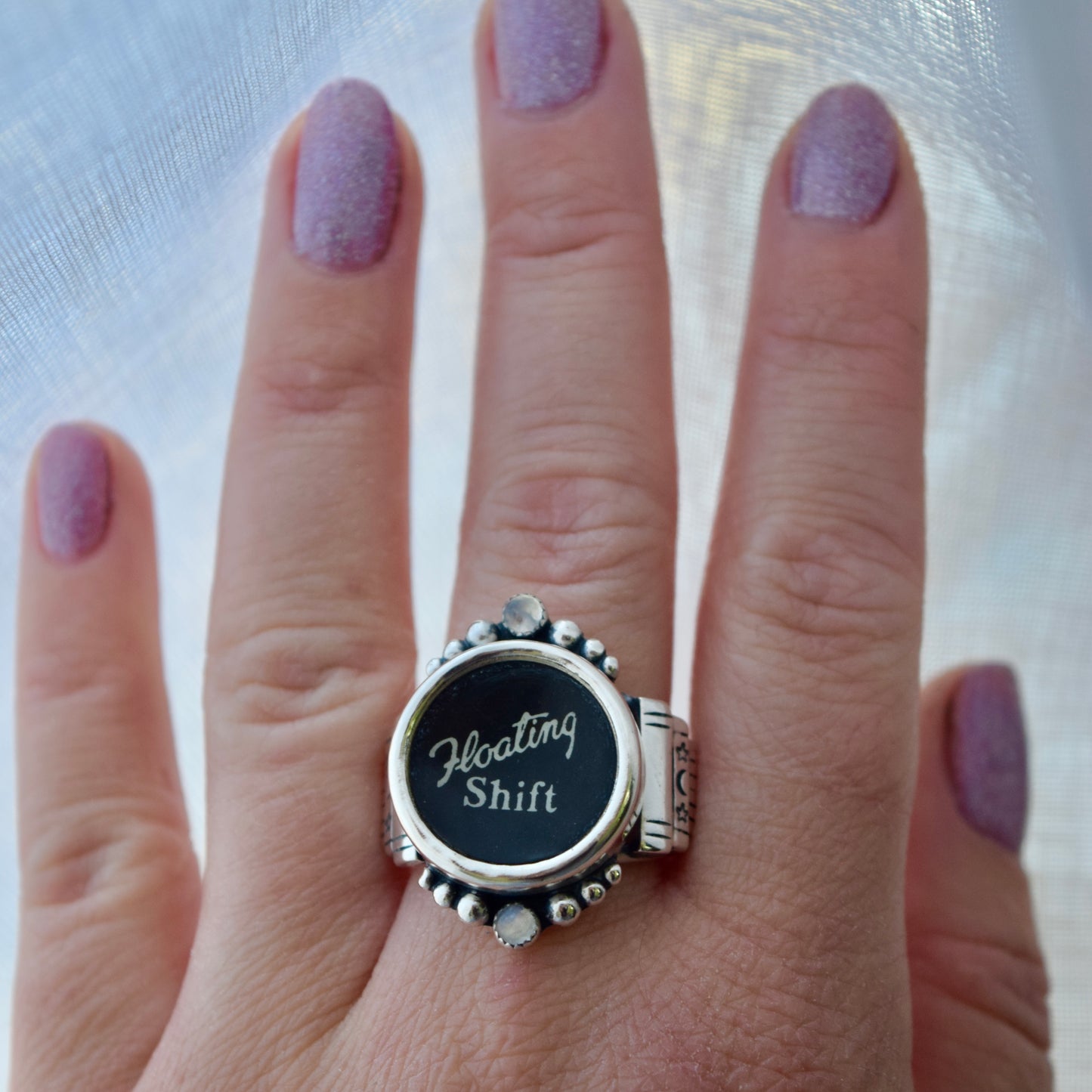 Vintage Typewriter Key Ring with Rainbow Moonstone Size 10