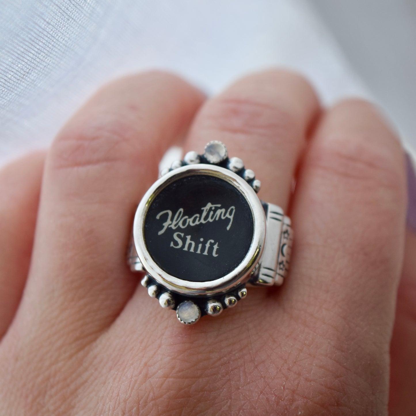 Vintage Typewriter Key Ring with Rainbow Moonstone Size 10
