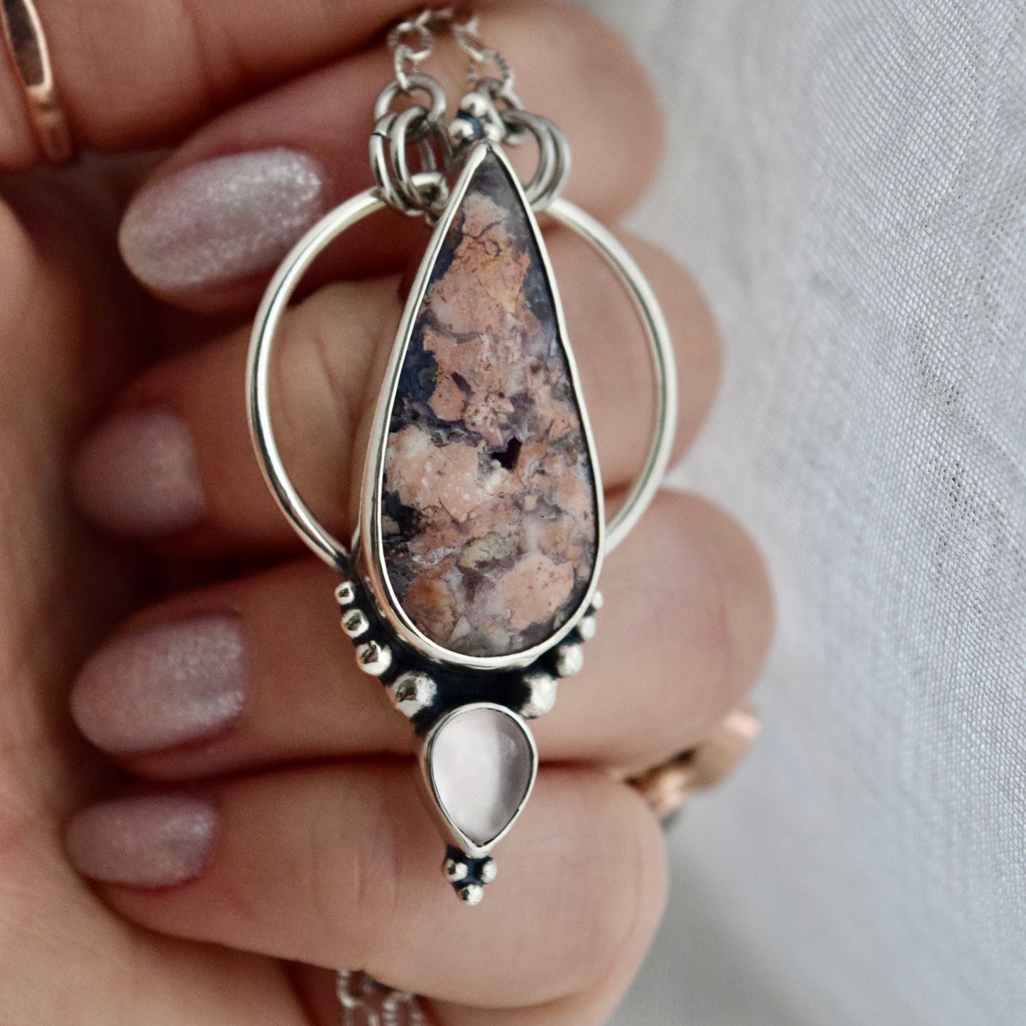 Pendulum Pendant with Tiffany Stone and Rose Quartz