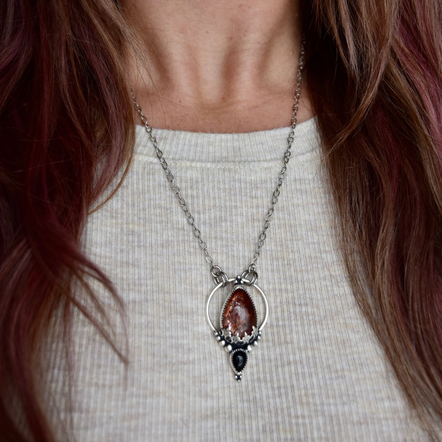 Pendulum Pendant with Sunstone and Black Onyx