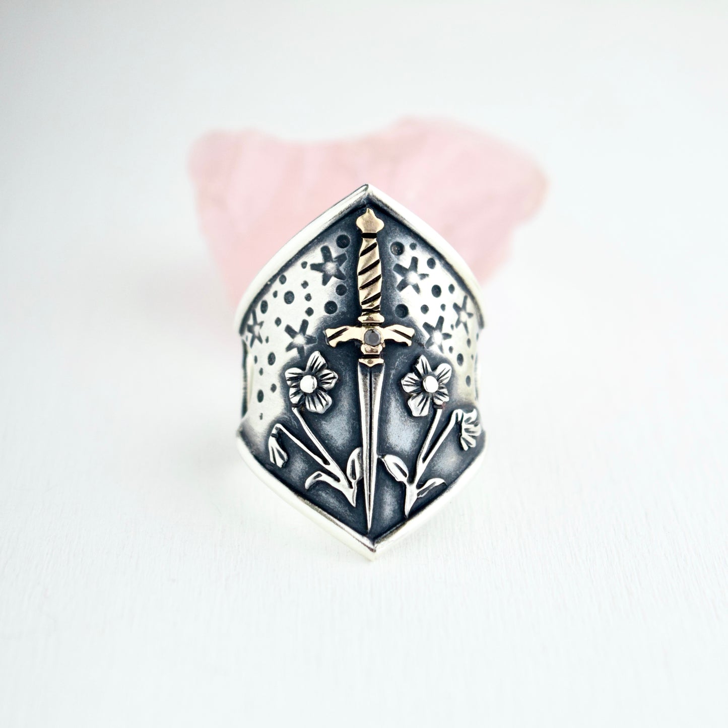Violent Little Thing Shield Ring with .02c Black Diamond and Yellow Gold Fill Size 9.75/10