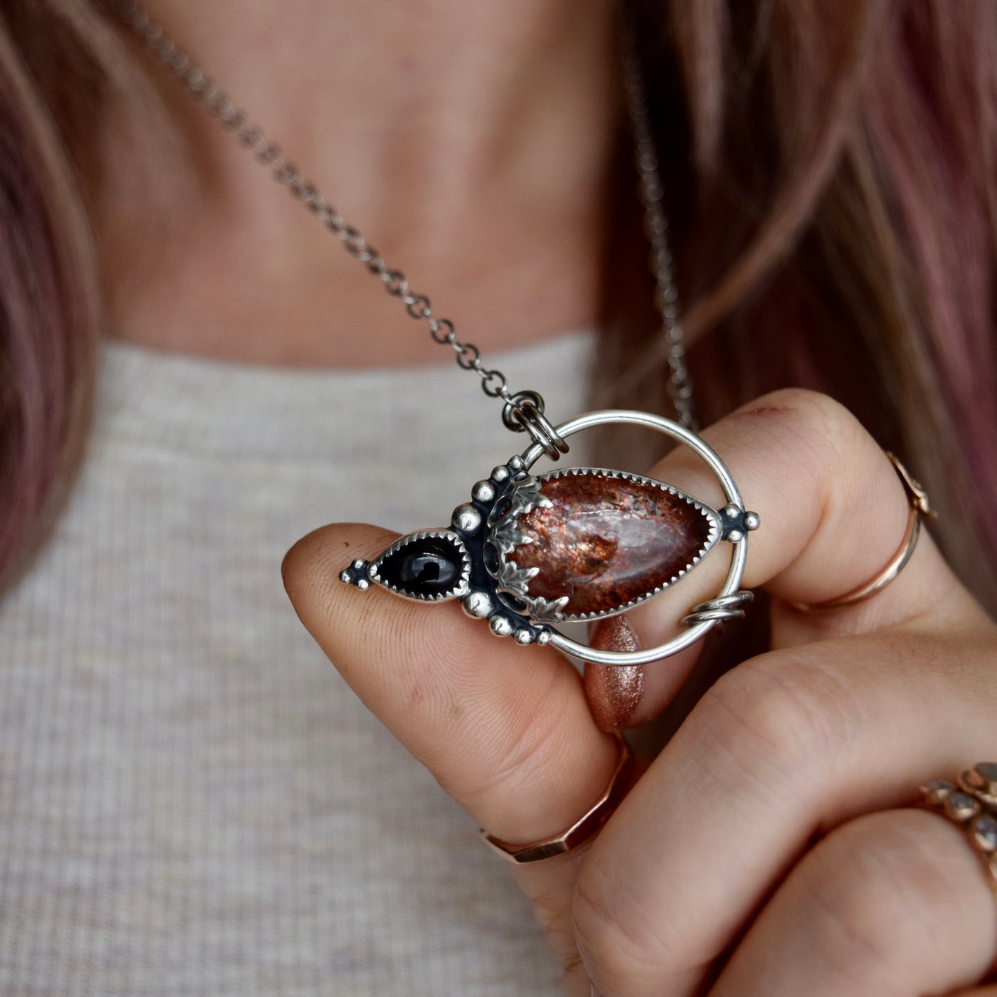 Pendulum Pendant with Sunstone and Black Onyx