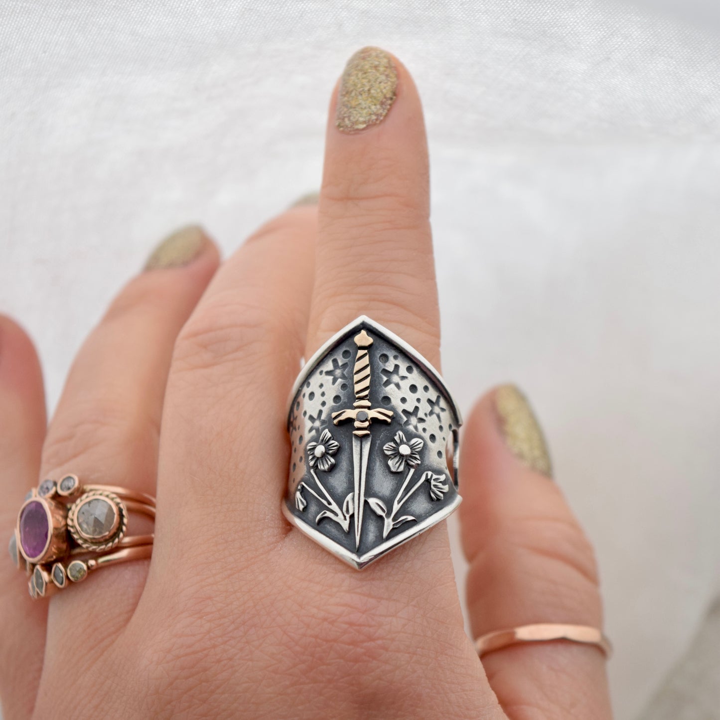 Violent Little Thing Shield Ring with .02c Black Diamond and Yellow Gold Fill Size 9.75/10