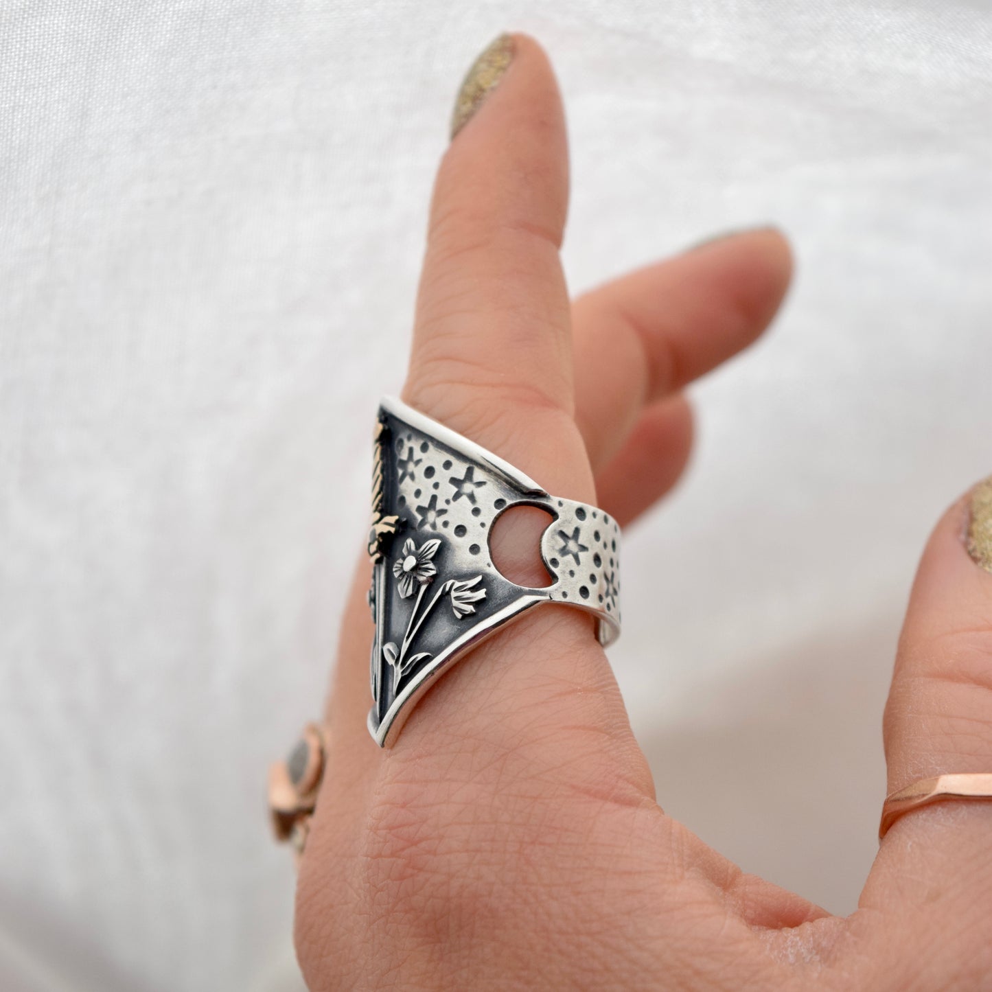 Violent Little Thing Shield Ring with .02c Black Diamond and Yellow Gold Fill Size 9.75/10